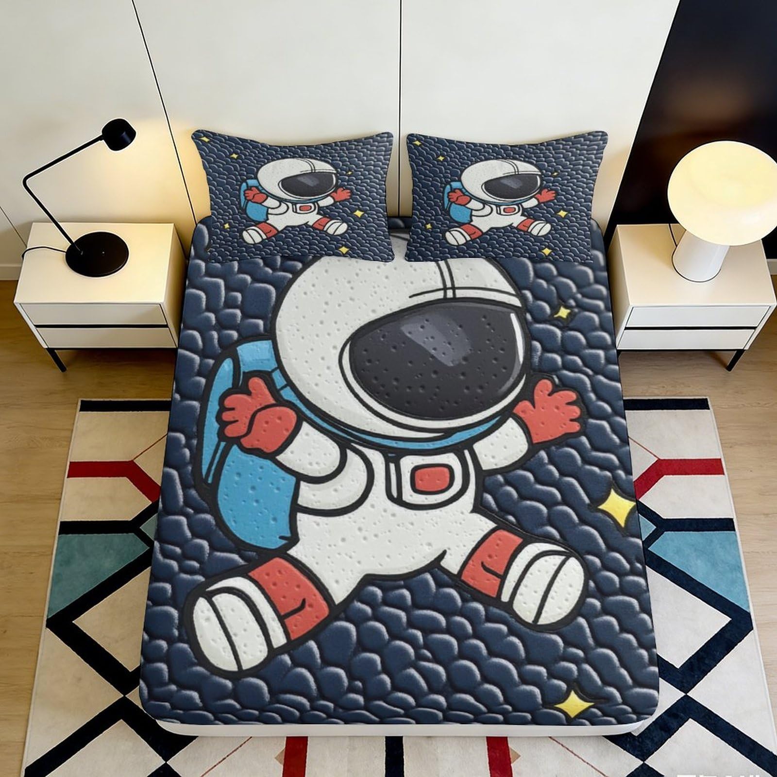 3D Printed Astronaut Fitted Sheet Microfiber Soft Breathable Space Adventure Bed Cover for Bedroom Dorm Mattress Protection Decor 90x200x25cm