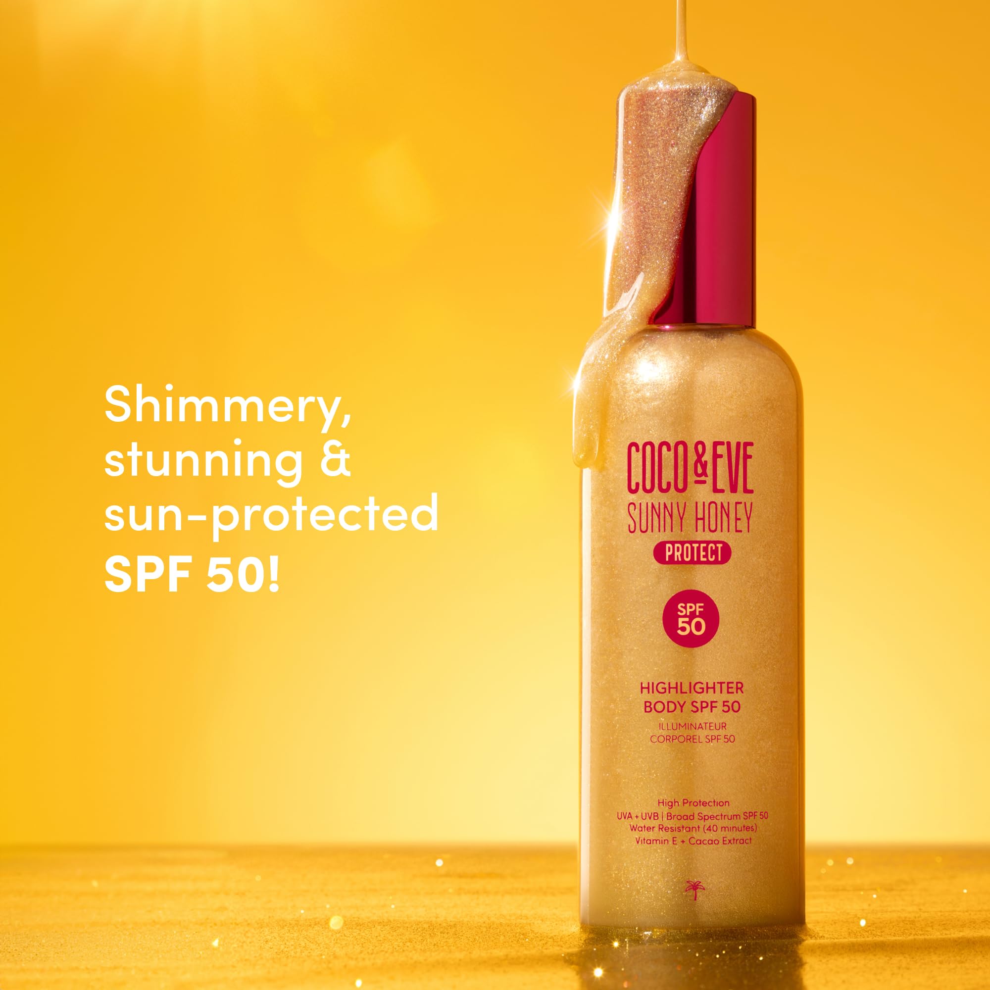 Coco & Eve Body Highlighter SPF 50 – Shimmer Sunscreen, Broad Spectrum Sun Protection, Lightweight Serum-Like Lotion with Pearlescent Minerals & Vitamin E for Hydrated & Glowing Skin, 5.07 Fl Oz