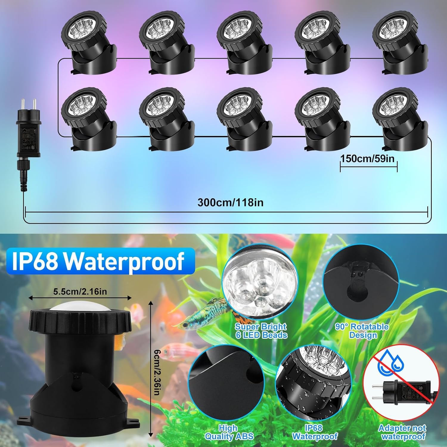 Luces Subacuáticas RGB Estanque, T-SUNUS Luz Estanques Subacuática Paisajes IP68, Control Remoto Vía APP Bluetooth, LED Sumergibles Cambian Color para Piscinas Patios Jardines Árbol, 10 in 1