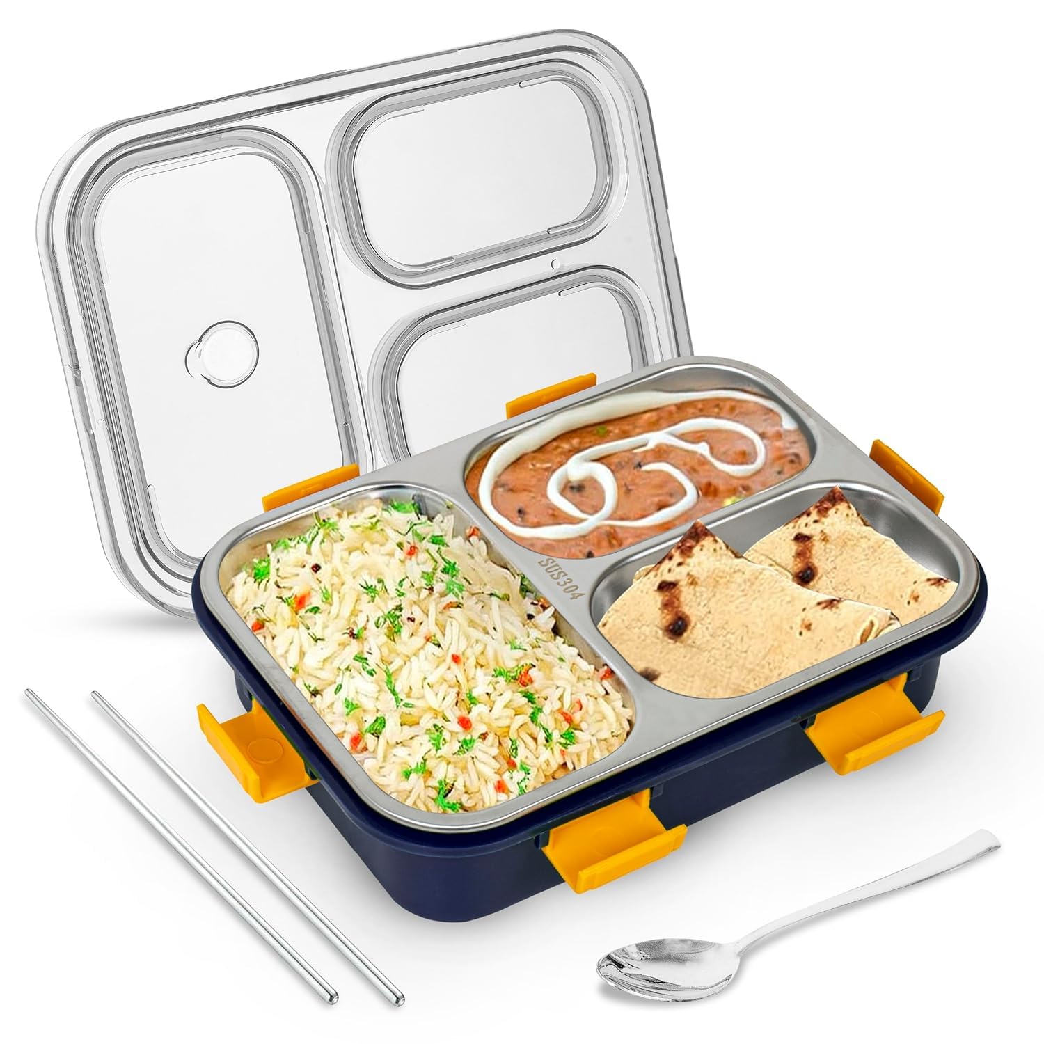 TEKCOOL Lunch Box for Adults - Lunch Box for Kids - with Spoon & Fork - Stainless Steel Lunch Box with 3 Compartment - Durable Perfect Size for On-The-Go Meal (Blue)(3 Compartment), 1300 Milliliters
