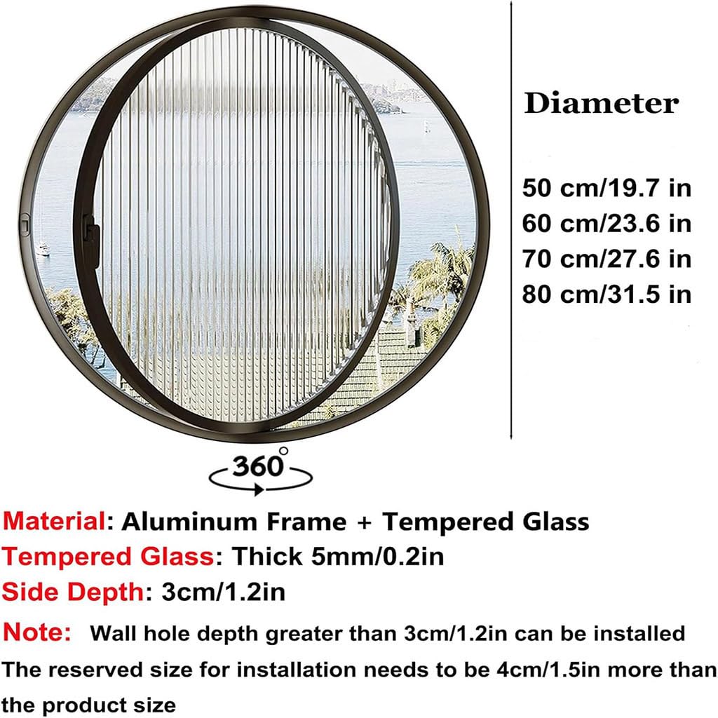 Genérico Ventana de ventilación giratoria, Ojo de Buey Giratorio de 360° de Vidrio Templado Negro de 60 cm - Ventanas abatibles de aleación de Aluminio para tabiques de Cocina y Oficina, Ventanas de