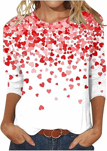 Camisetas para el día de San Valentín para mujer, con estampado de corazón de amor, manga 34, cuello redondo, blusa tipo túnica de regalo para mujer