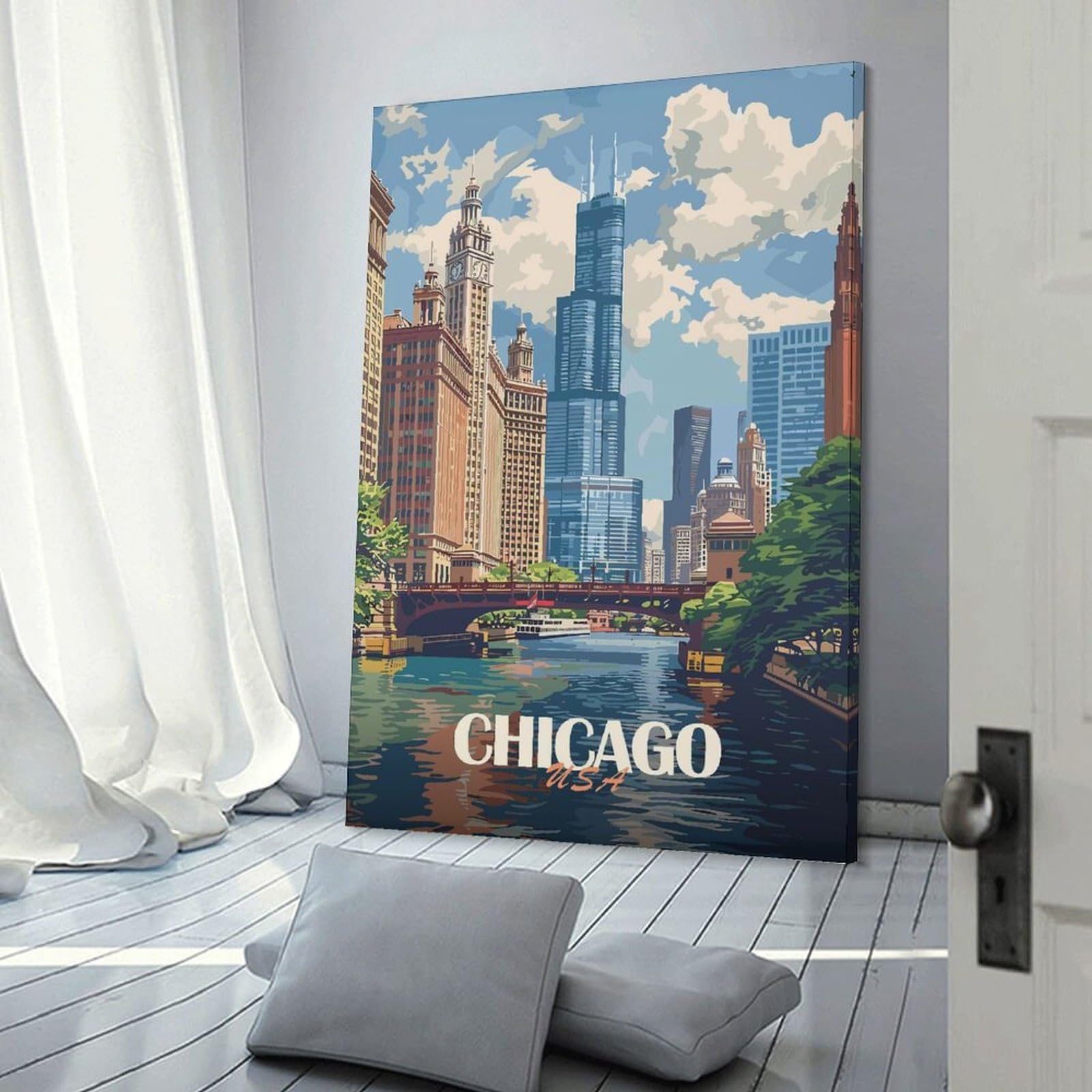 Junmoney Canvas Art Print Chicago Skyline (2), 24x36inch(60x90cm), for Office, Study Or Home Workspace, Home Office Artwork with Decorative Appeal