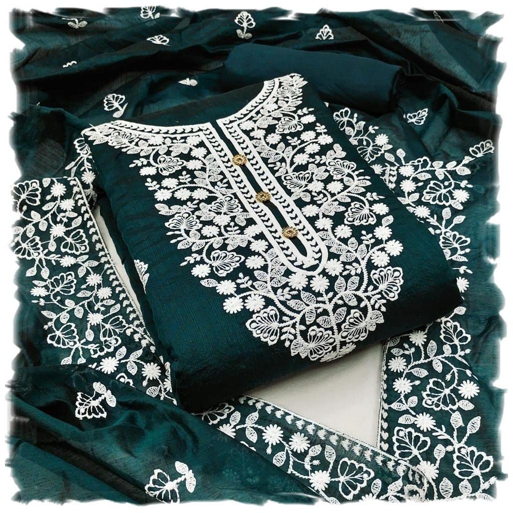 Y2YWomen's Heavy Cotton Embroidery Work Unstitched Salwar Suit Dress Material With Chanderi Work Dupatta (Free Size_Multi Color)