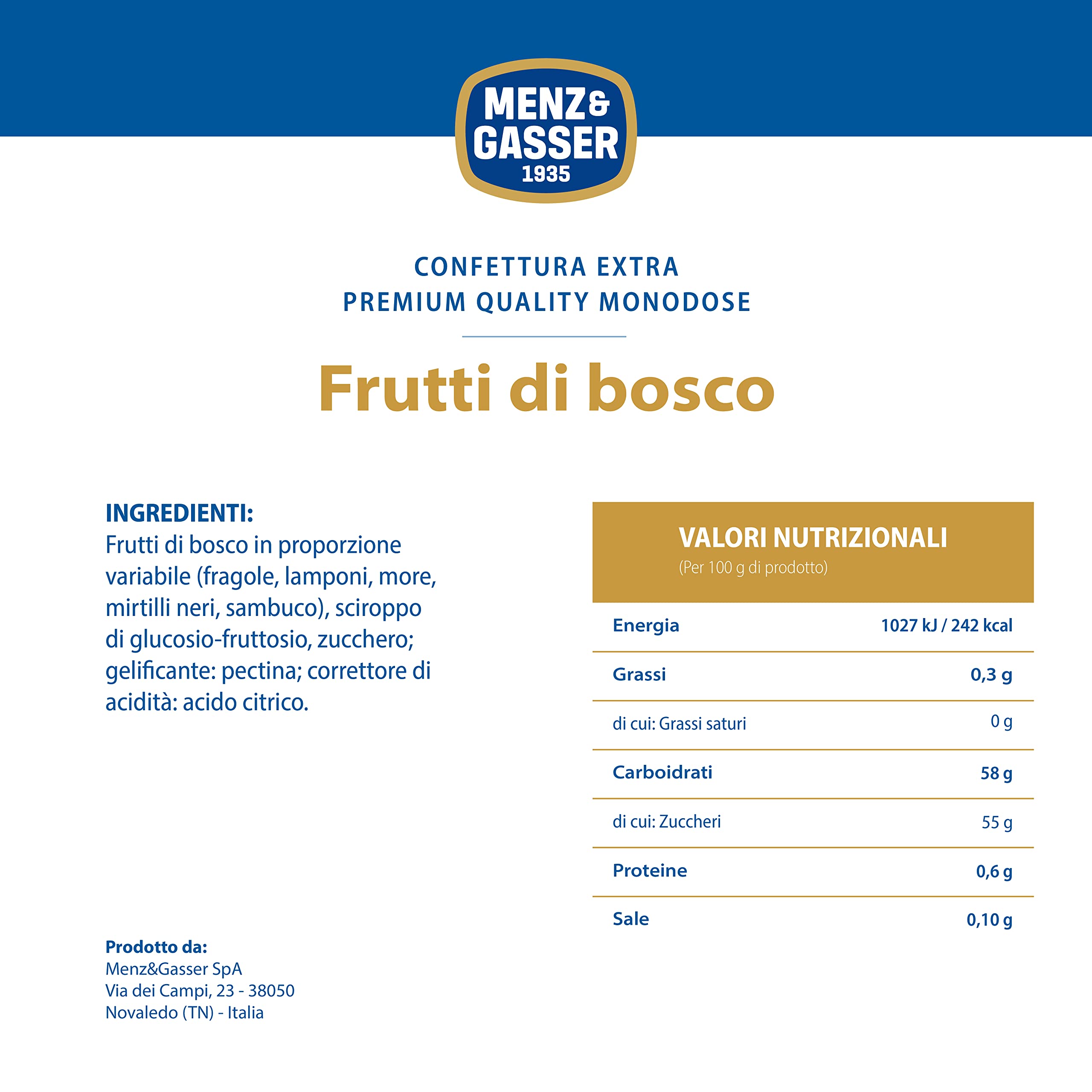 Menz&Gasser Confettura Extra di Frutti di Bosco Monodose Premium Quality, con Frutta di Alta Qualità, 100% Made in Italy, 48 Vasetti x 28 g