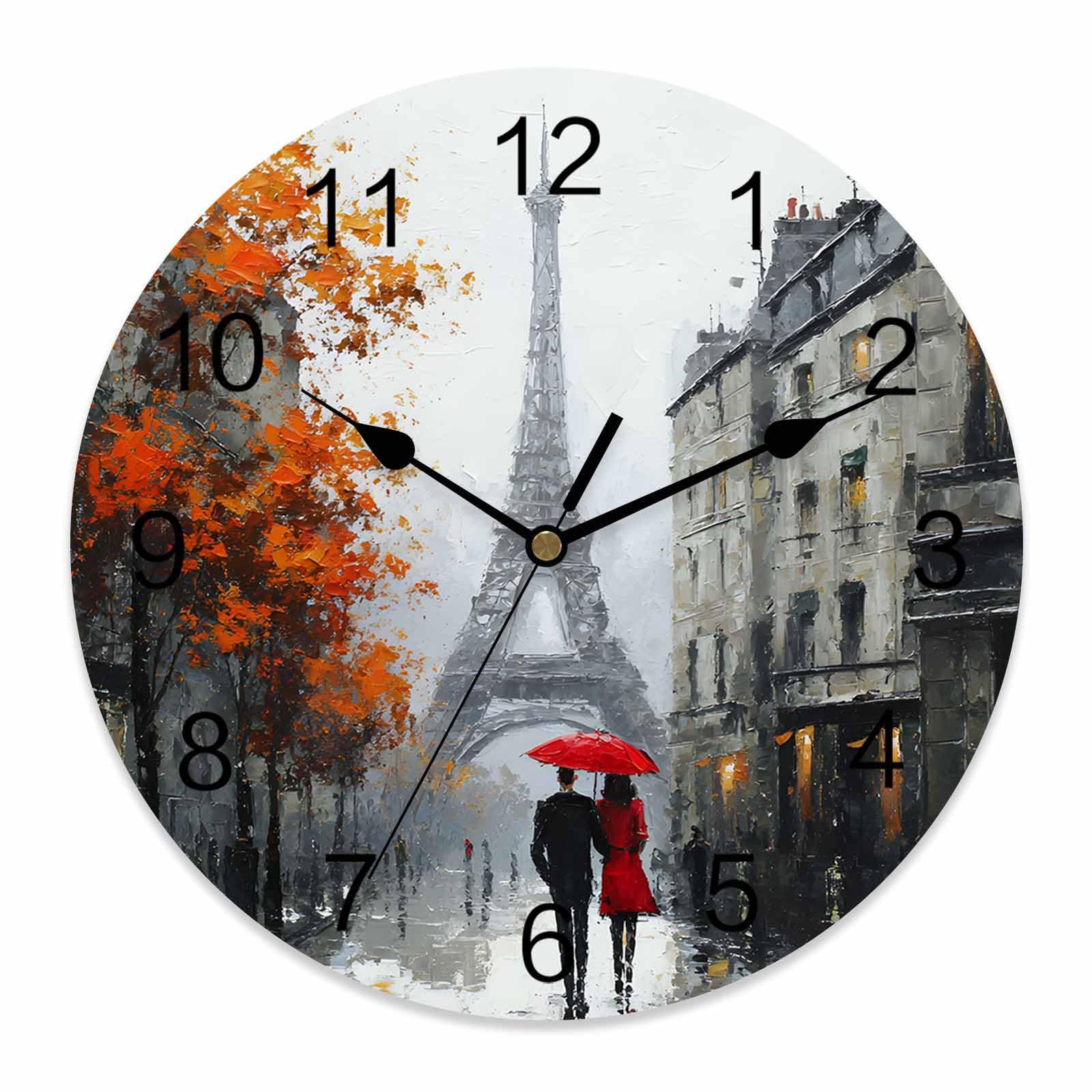 Ensound Valentine's Day Wall Clock Romantic Rainy Days Clocks Wooden Silent Non-Ticking Battery Operated Decorative Eiffel Tower Couple Round Clock for Home Living Room Kitchen Bedroom Office 12 Inch