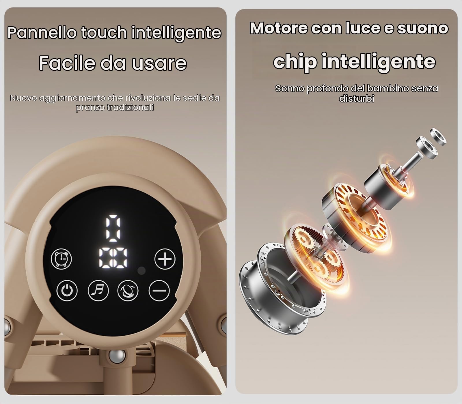 MoLi Elettrico Bluetooth Intelligente Pelle PU Seggiolone, Seggiolino Pappa Sedia con Funzione di Dondolo, Seggiolone Pappa Vassoio a Doppio Strato (E8121 Khaki)