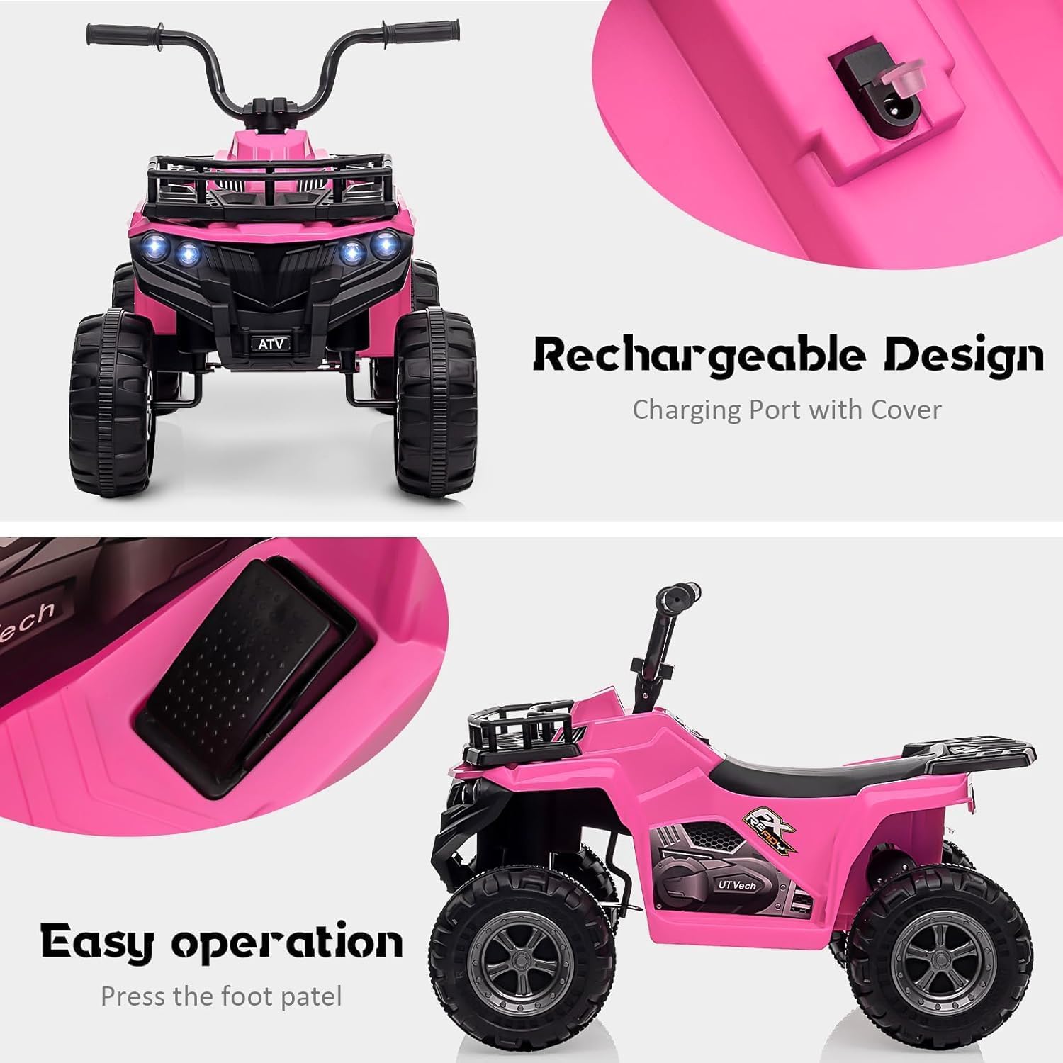 Elektryczny quad dla dzieci 12 V – 4-kołowy ATV z kołami zębatymi, światłami LED, kontrolą muzyki i prędkością – idealny dla dzieci w wieku 2-5 lat