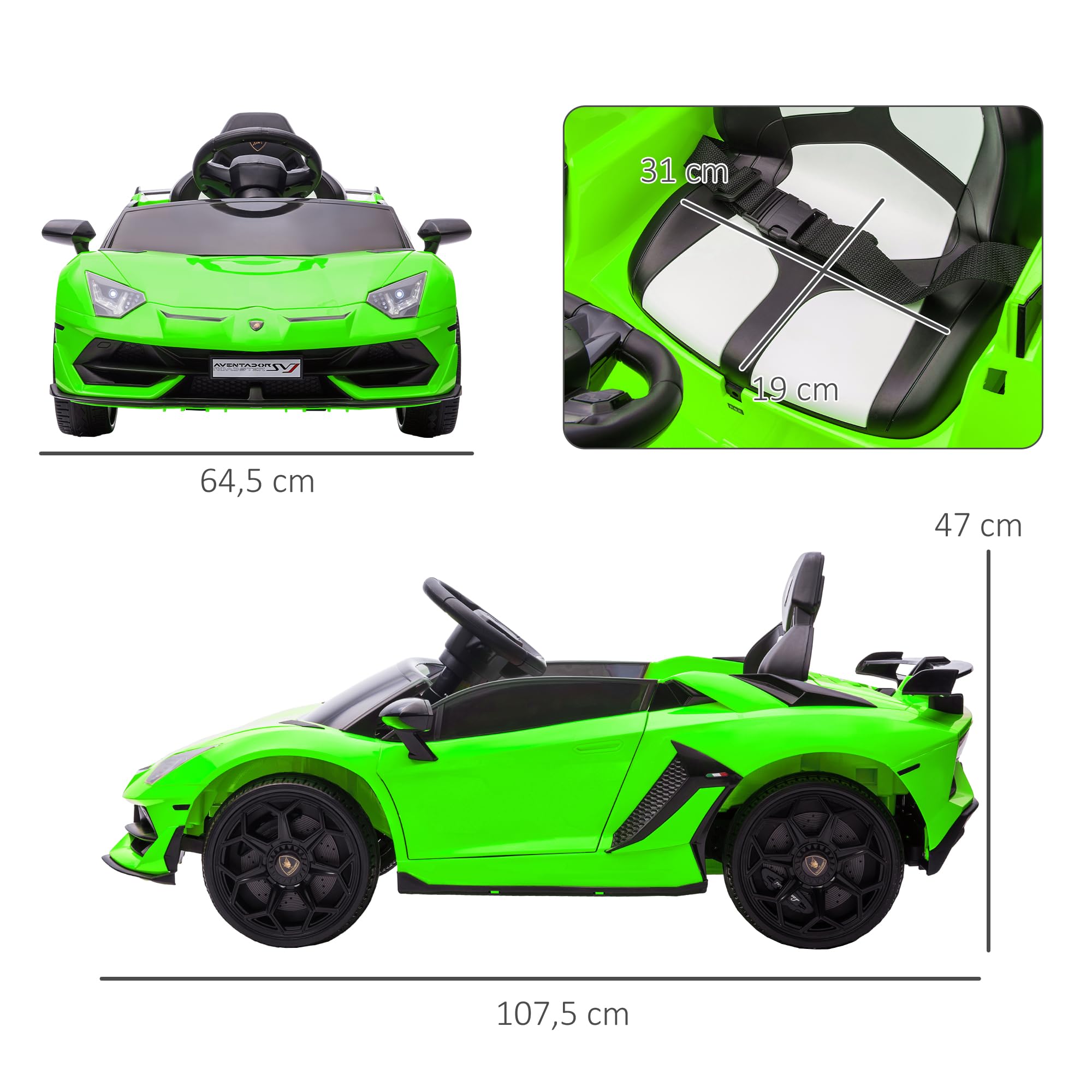 HOMCOM Voiture Électrique pour Enfants 12V, Portes Papillon, USB, Vert | Licence Lamborghini Aventador SVJ, Télécommande LED, Musique, Vitesse 3-5 Km/H