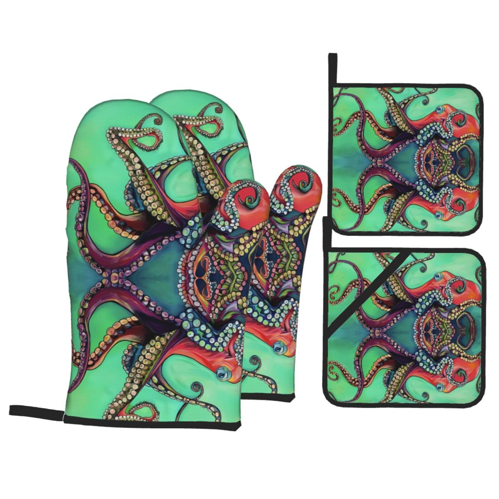WHJSHOP cute octopus Prints Kitchen Layers: Waterproof Oven Covers for Safe Handling & Easy Cleanup – 4 Piece Heat Protection Bundle