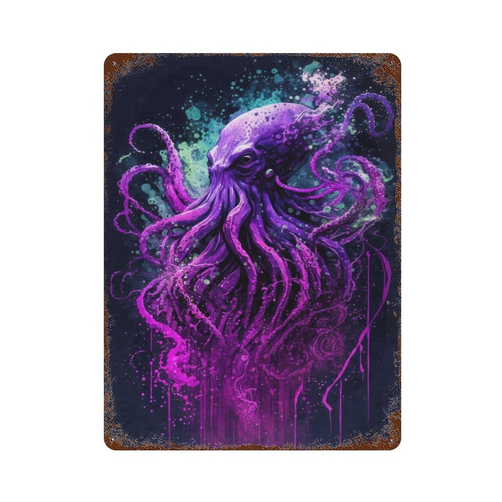 Cosmic Fantasy Octopus Rusty Metal Tin Sign 15.7"x11.8", for Basement, Hobby Room And Garage Decor, Retro Wall Decor