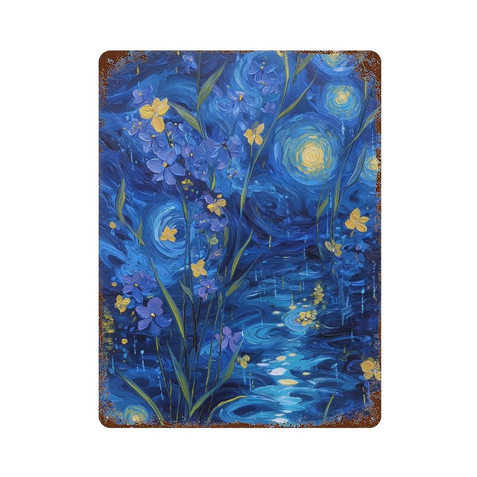 Rust Effect Starry Night Iris Garden Weathered Tin Sign 15.7"x11.8", Novelty Wall Decor for Office, Studio And Wall Decor
