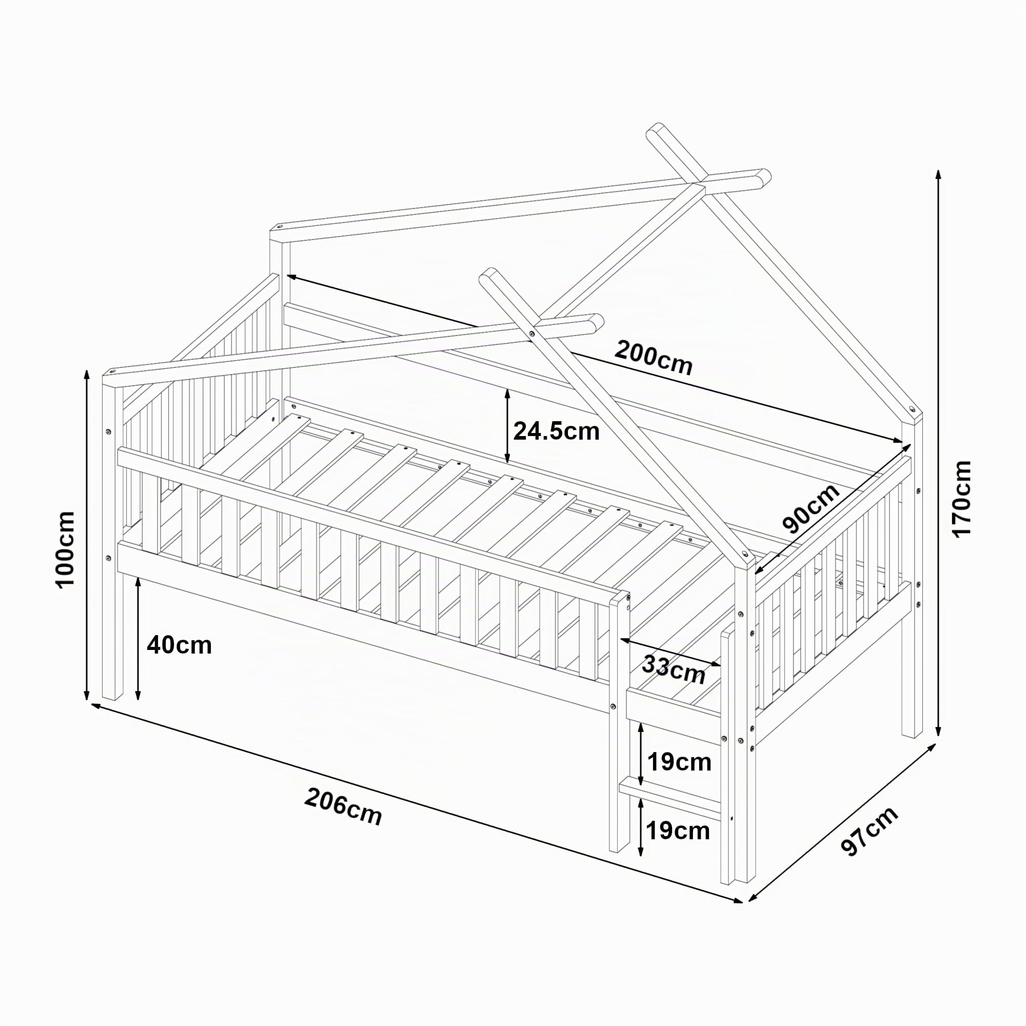 [en.casa] Kinderbett Sotkamo Hausbett 90 x 200 cm Holzbett für Kinder mit Rausfallschutz und Leiter Bettgestell aus Kiefernholz Natur