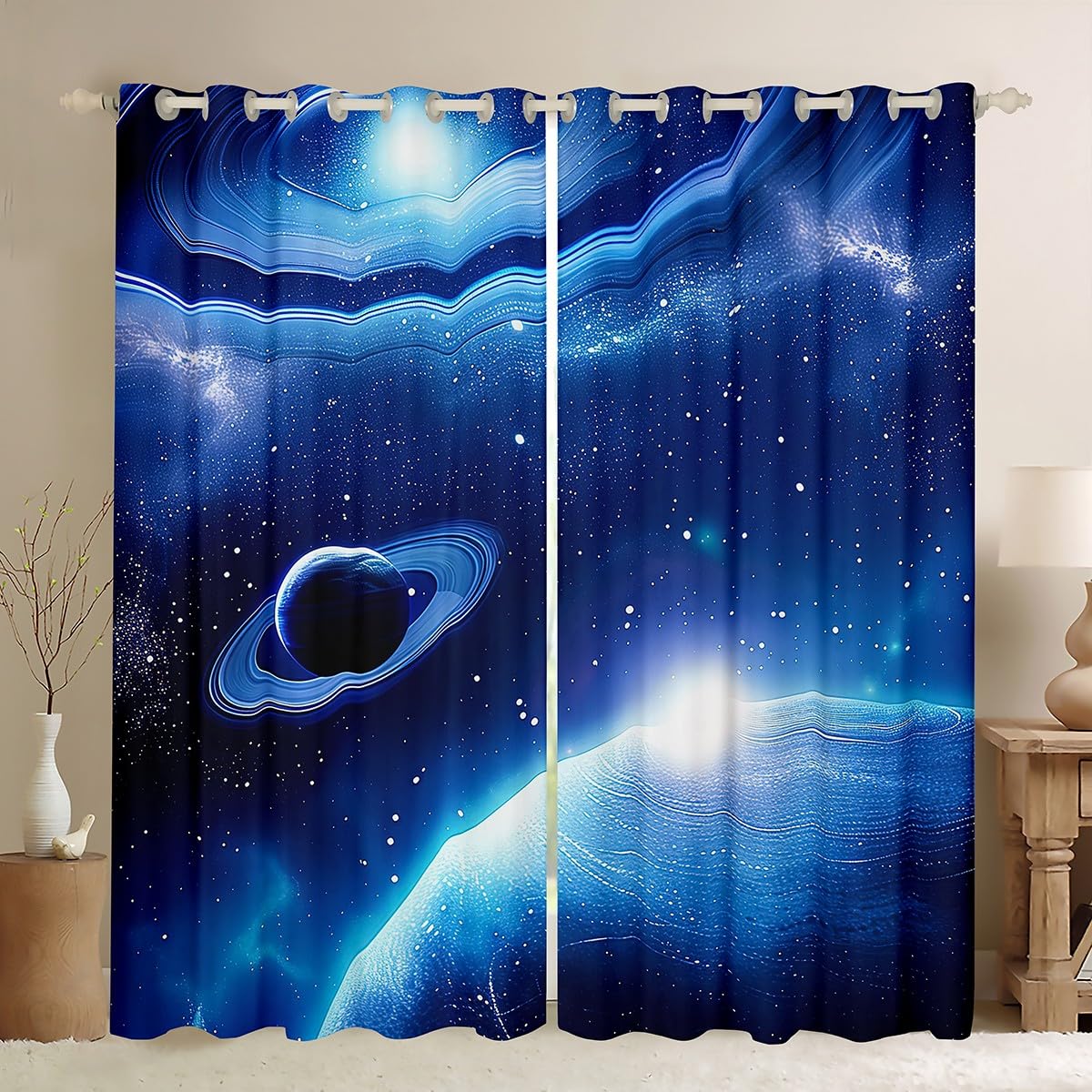 Planet Curtain for Teens Boys Girls Outer Space Window Curtains,Galaxy Theme Kids Bedoom Decor Blackout Window Mysterious Starry Sky Constellation Pattern on Blue Window Drapes 2 Panel Set,104