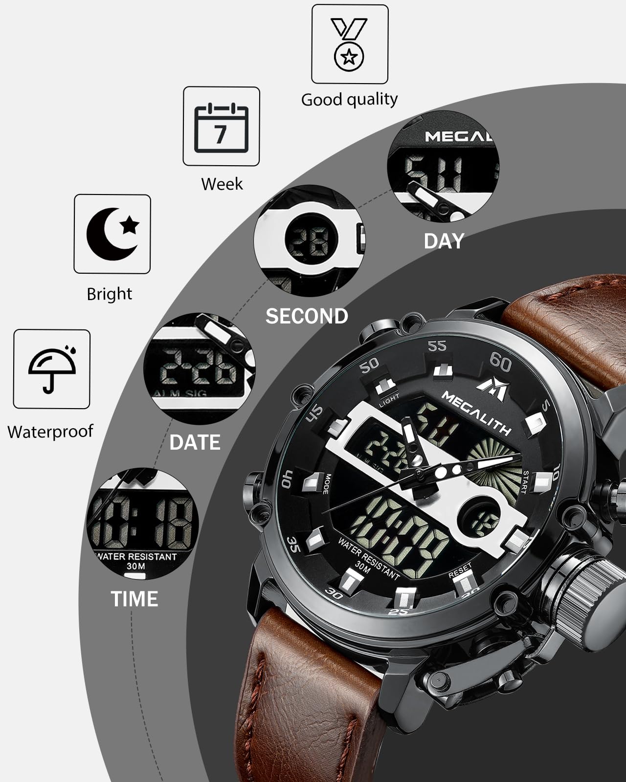 MEGALITH Reloj Hombre Digital Militar: Deportivo Esfera Grande Reloj de Pulsera con Cronómetro LED Alarma Impermeable para Correr Outdoor - Regalos para Él