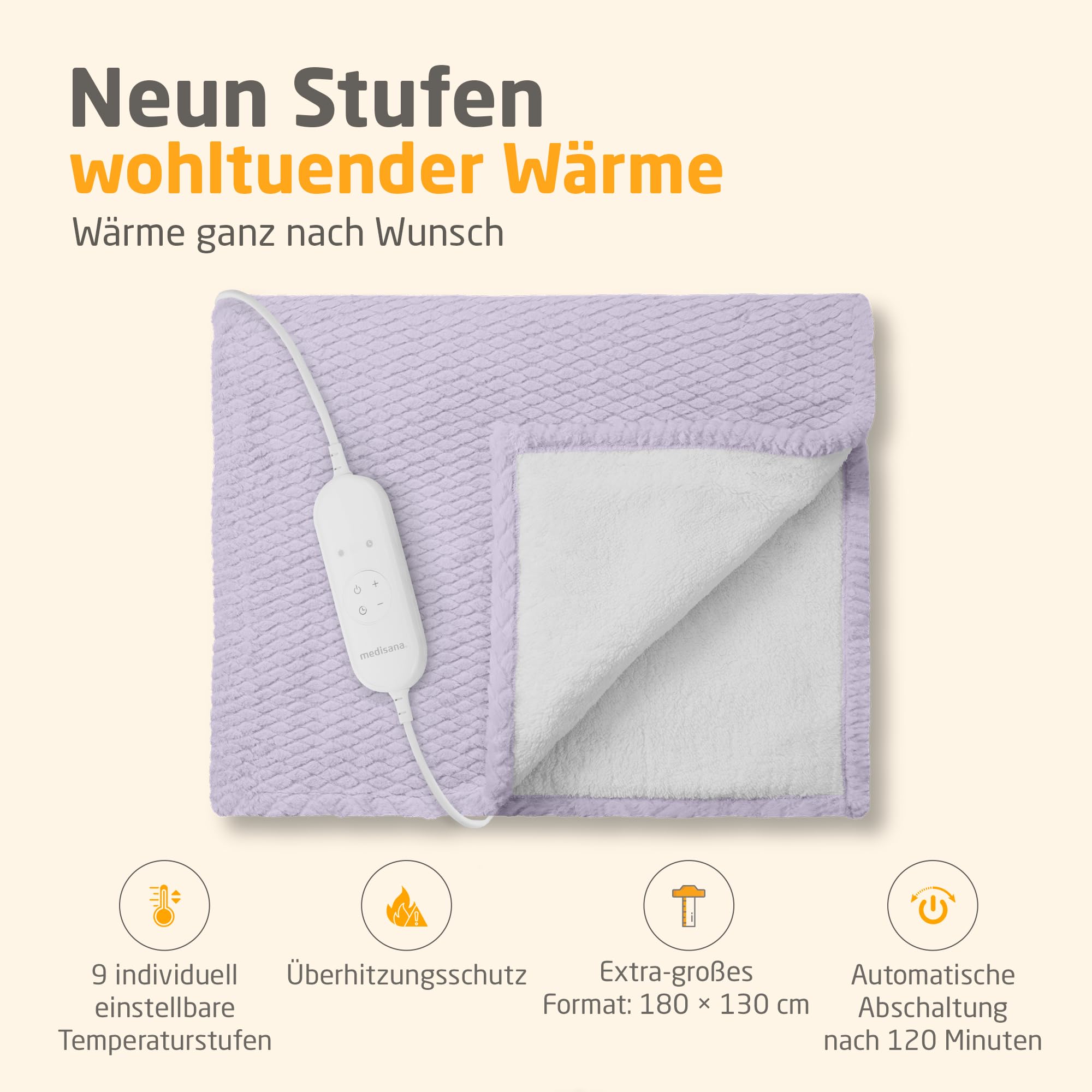 Medisana HB 418 Heizdecke elektrisch, extra kuschelige Wärmedecke mit 9 Temperaturstufen, beheizbare Decke mit Abschaltautomatik und Überhitzungsschutz - zartlila