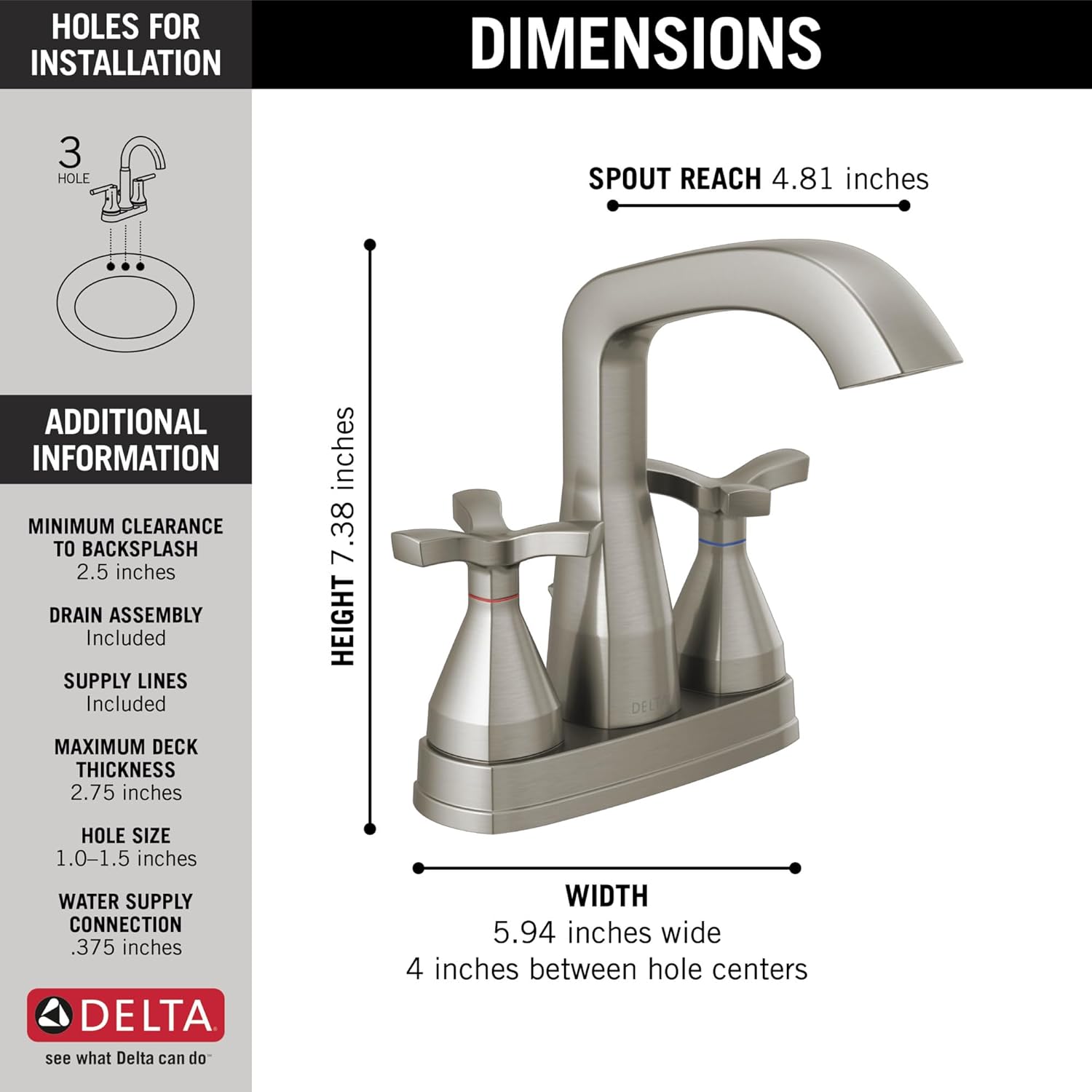 Delta Faucet Stryke Centerset Bathroom Faucet, Brushed Nickel Centerset Bathroom Faucet, Delta Bathroom Sink Faucet, Metal Drain Assembly, Lumicoat Stainless 257766-SS-PR-MPU-DST