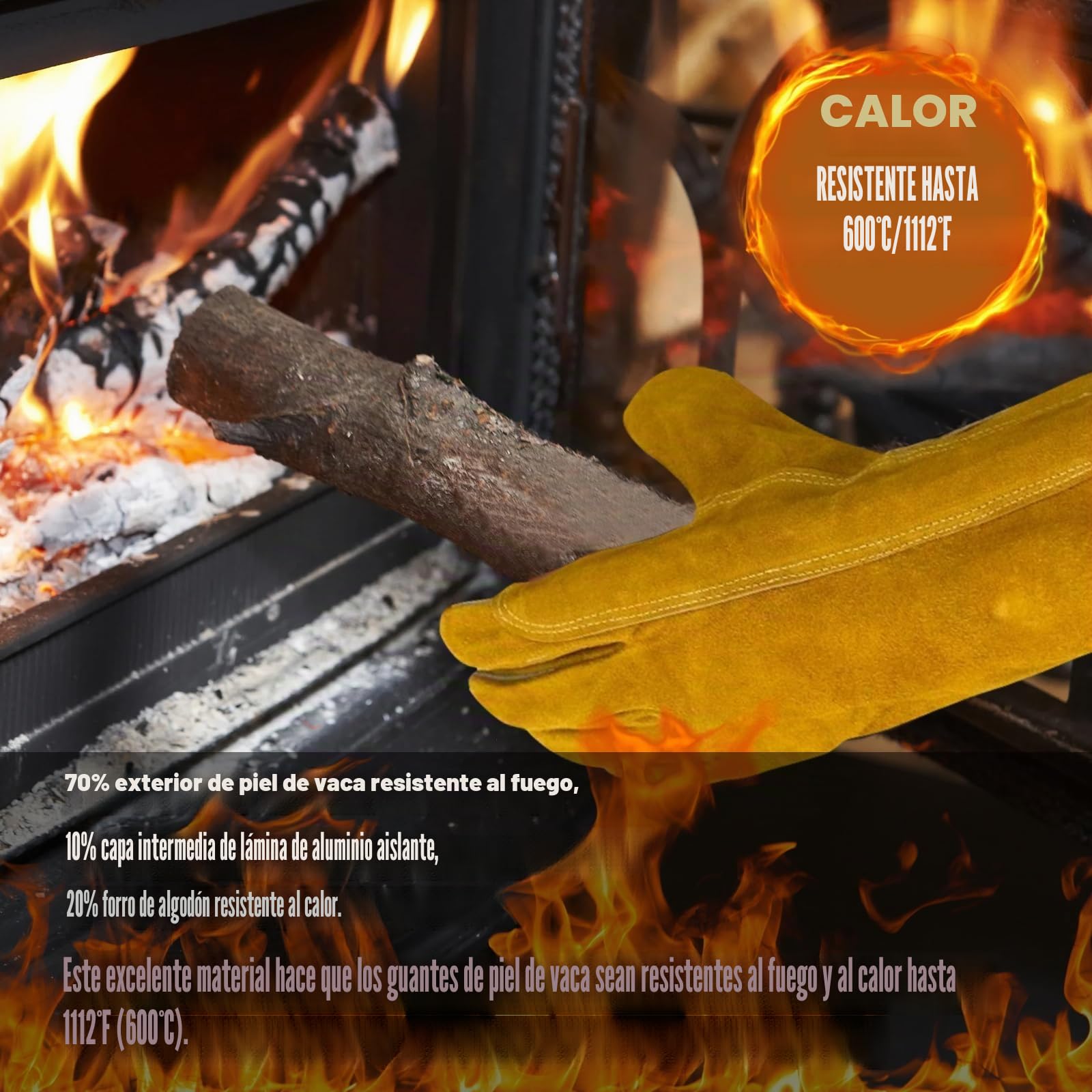 Guantes para chimenea, resistentes al fuego, para barbacoa, para hombre, de piel y soldador, resistentes al calor (marrón),GS00078
