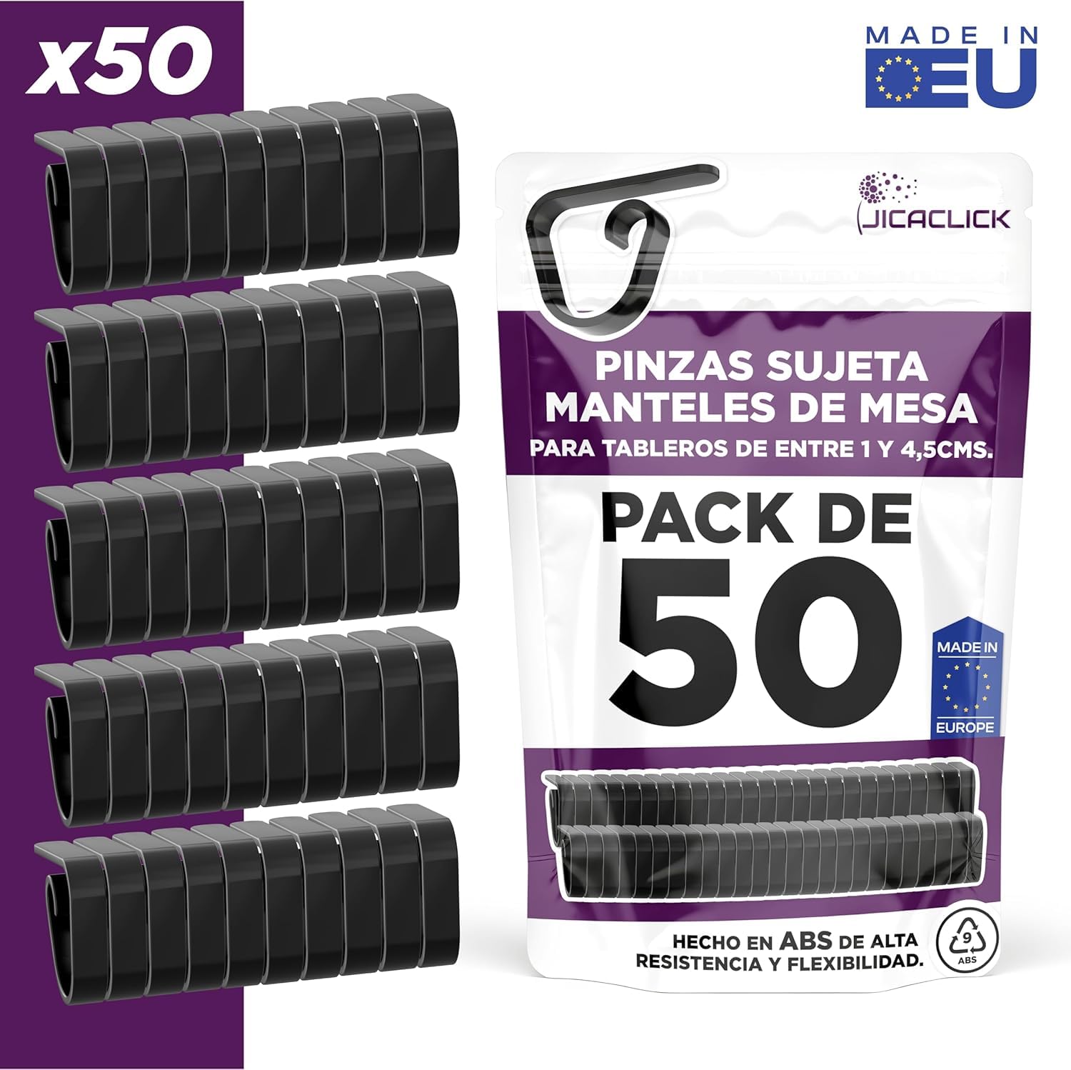 Pinzas Sujeta Manteles de Mesa Pack 50 Clip Grande de Sujecion para Restaurantes Sujetamantel Universal de Plastico Resistente para Hosteleria Ideal Superficie Gruesa Uso Exterior o Interior (Negro)