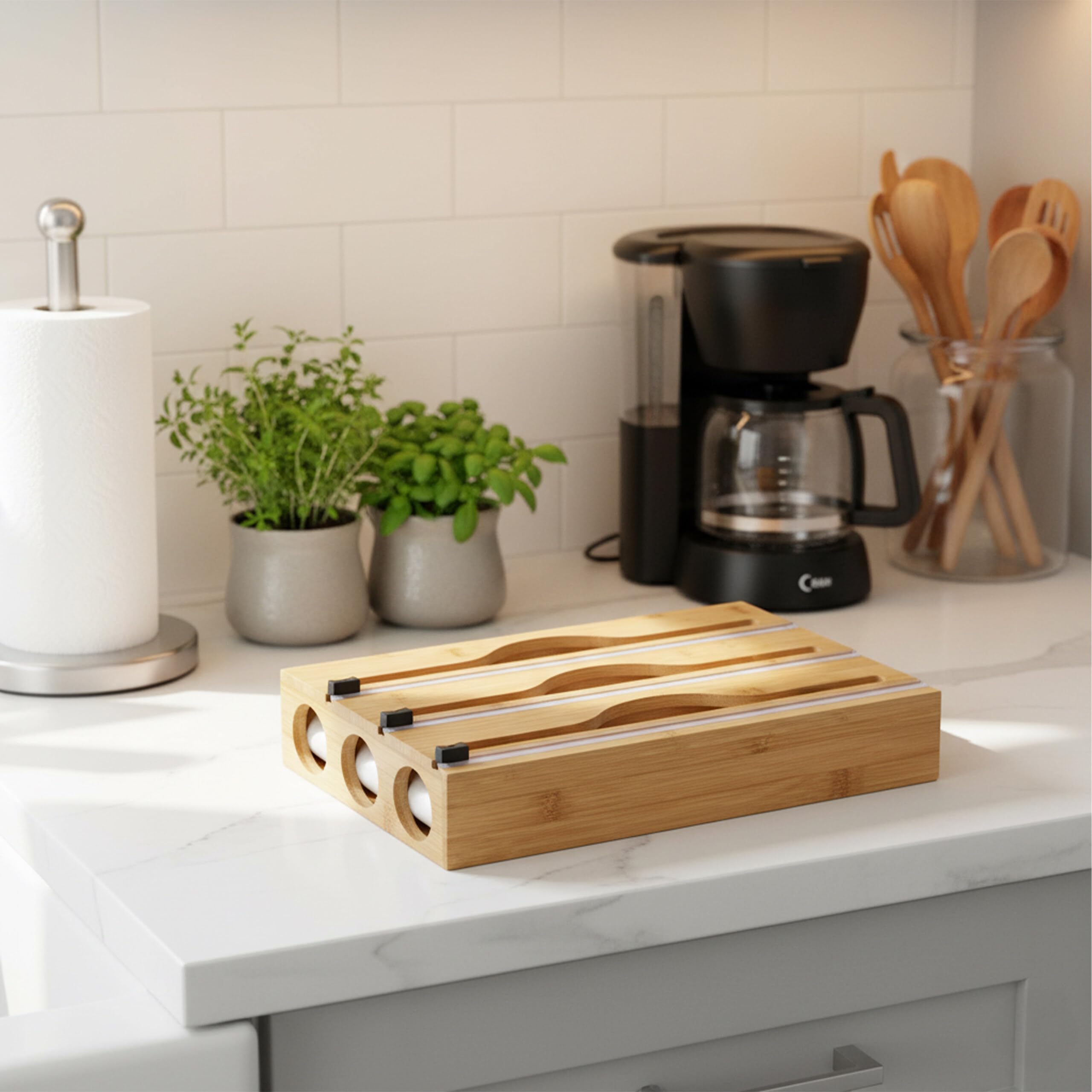 Relaxdays Dispenser per Pellicola, 3 Rotoli, cassetto, bambù, 22 x 33,5 x 7 cm, taglierina Cucina, Naturale