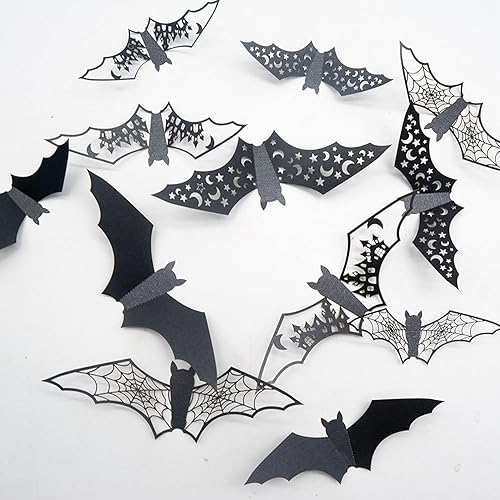 24 piezas de decoraciones de Halloween grandes murciélagos huecos decoración de pared 3D PVC aterrador calcomanías de murciélago para cocina,