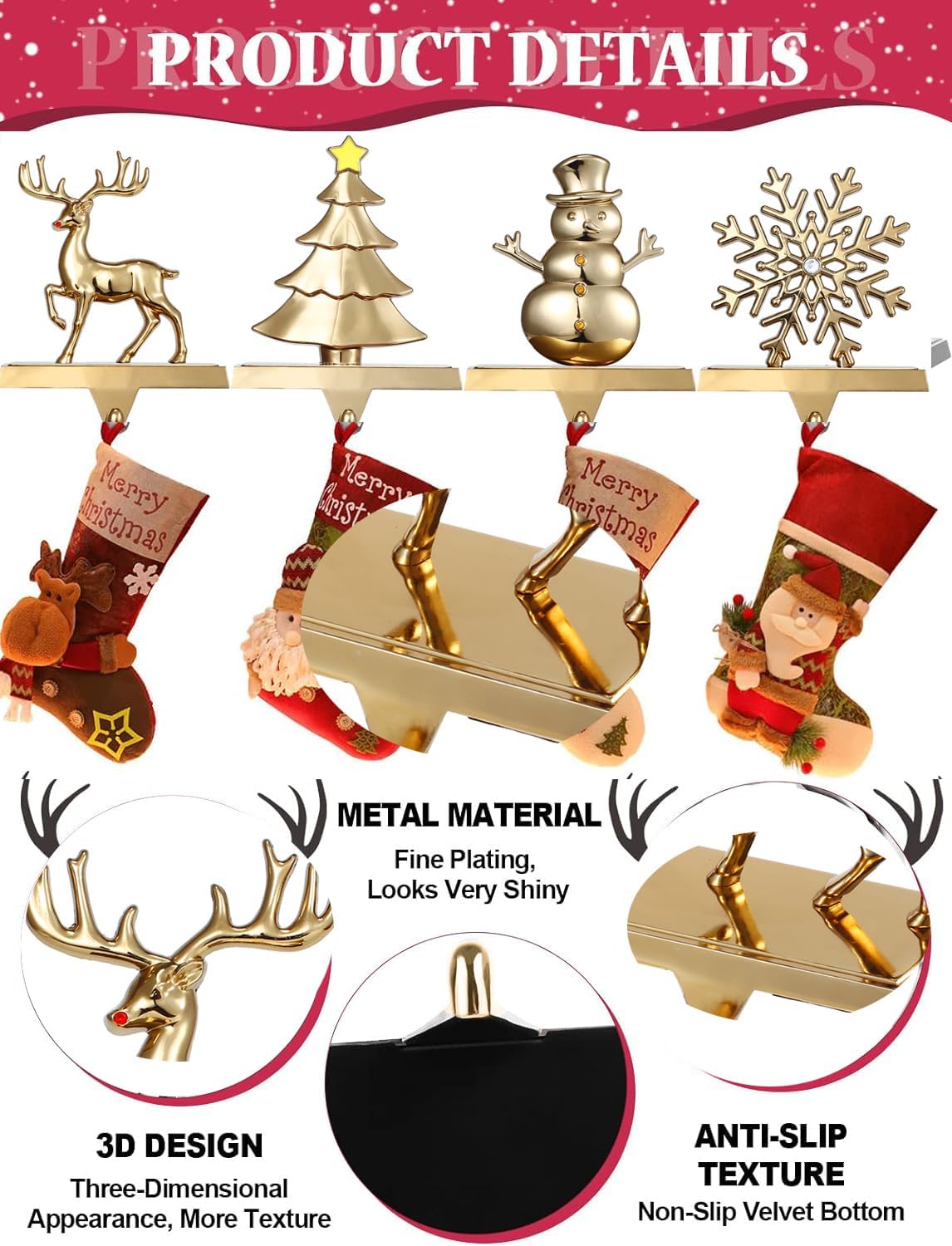Christmas Stocking Holders for Mantle Set of 4, Snowflake Tree Deer Snowman Stocking Holders for Fireplace-Christmas Stocking Hangers Set for Mantel Stocking Hooks for Fireplace (Antique Gold)