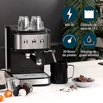 249413 Máquina de café para Espresso, Compatible con cápsulas Nespresso y café molido, 1 o 2 tazas, 20 bares de presión, Depósito extraíble de 1.5L, con espumador de leche, 850 W3