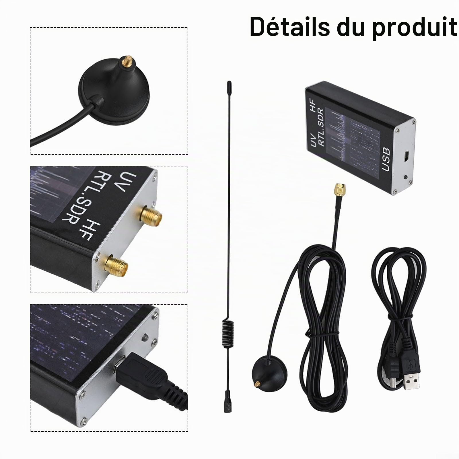 Récepteur tuner USB RTL-SDR 100 kHz 1,7 GHz avec RTL2832U+R820T2, boîtier en aluminium, prend en charge les ondes courtes, VHF/UHF, AM, NFM, FM, SSB, CW avec câble USB et antenne test, argenté