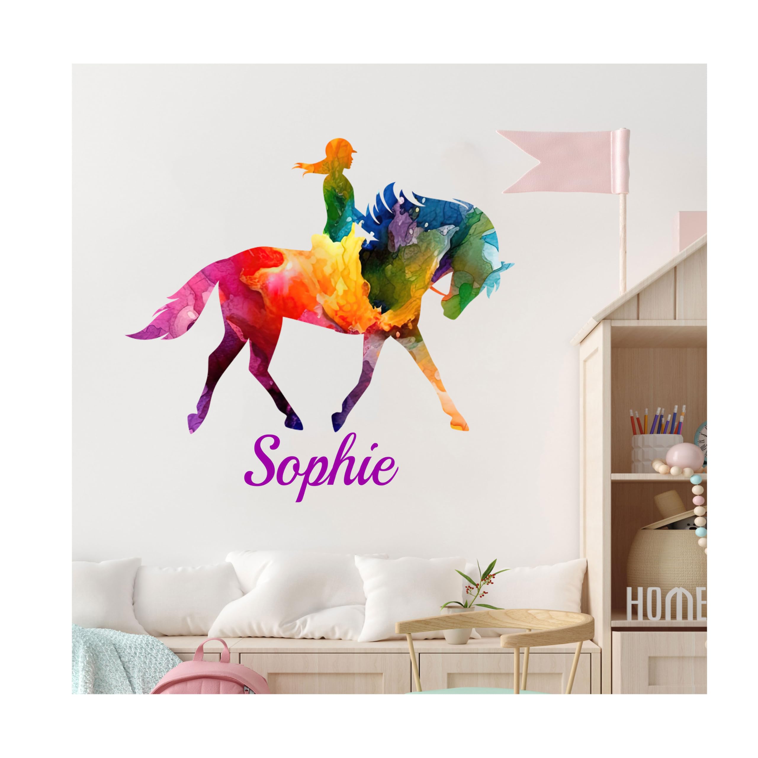 Personalised Horse Rider Wall Stickers for Girls – Colourful Equestrian Wall Decals – Custom Name Pony Bedroom Décor – Removable Vinyl Wall Art