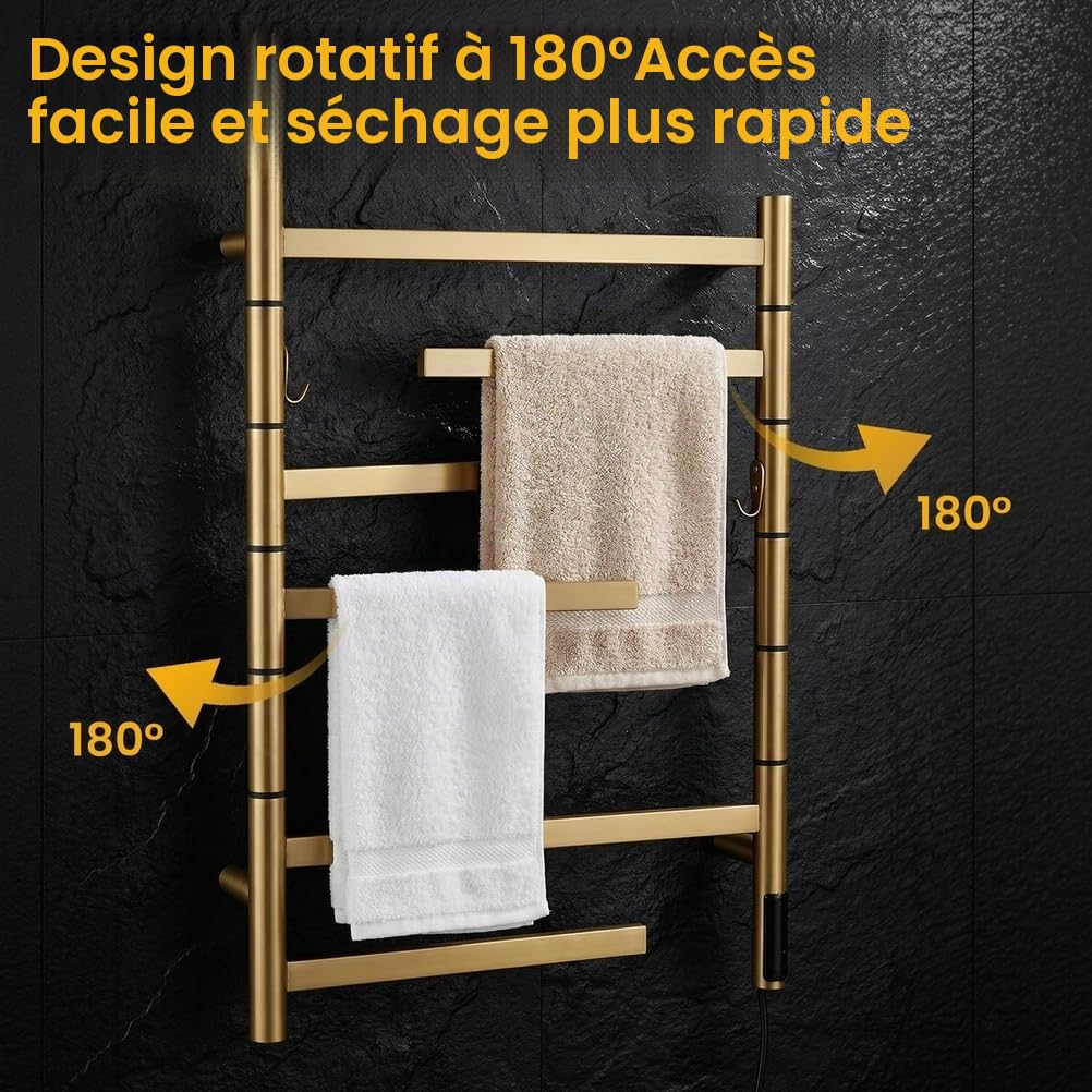 Sèche-Serviettes Électrique, Radiateur Porte-Serviettes Chauffant,65 W, Doré, Mural, Double Face Rotative, en Acier Inoxydable 304 avec Minuterie Intégrée, Plug in