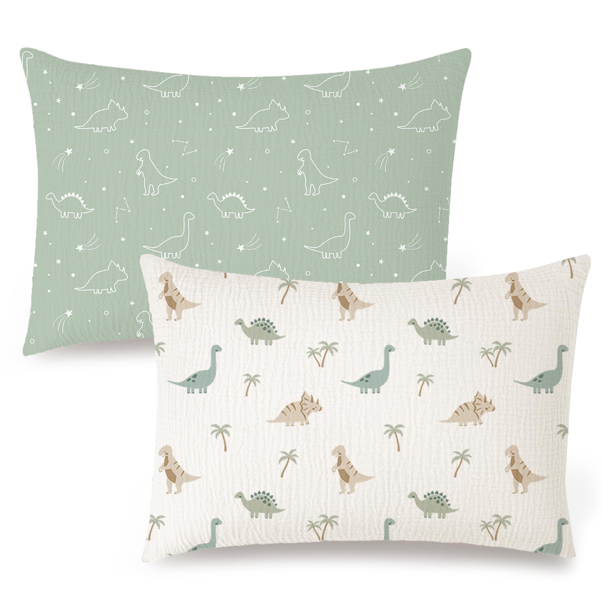 Konssy Musselin-Kissenbezug für Kleinkind-Kissenbezüge für 33 x 45 cm, 100% Baumwolle, weich und atmungsaktiv, Reise-Kissenbezüge mit Hotelverschluss (Dino Dschungel, Salbei Dino)