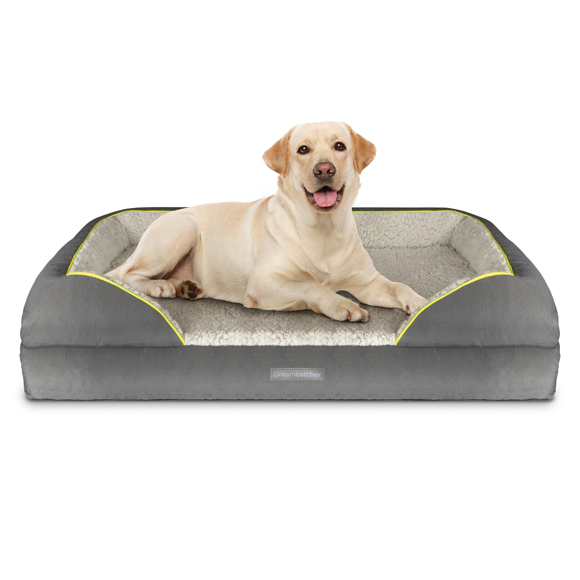 Dreamcatcher Extra Large XL Dog Bed 106x80x20cm, Orthopaedic Memory Foam Bolster and Non Slip Base with Sherpa Fleece Top. Grey Waterproof Oxford Fabric Sides and Removable Washable Cover