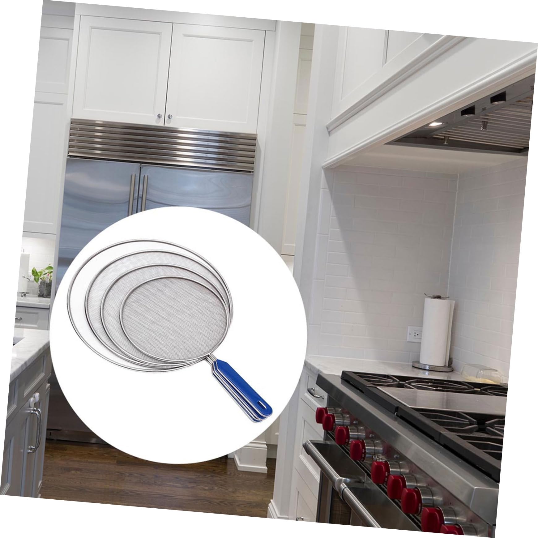 Cabilock 4 Piezas de Malla de Acero Inoxidable para Protección contra Salpicaduras en Cocina Mango Azul, Fácil de Usar y Resistente para Ollas y Sartenes