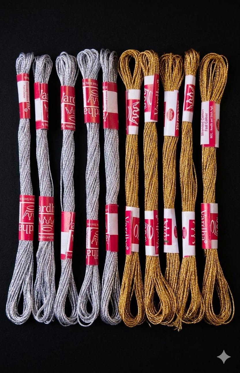 Teraiya's 12 pcs Golden + 12 pcs Silver Metallic Embroidery Cross Stitch Floss Threads for Craft & Projects Embroidery Work, Tassel Making aari Work (6 to 7 Metre in 1 skiens)-image-41