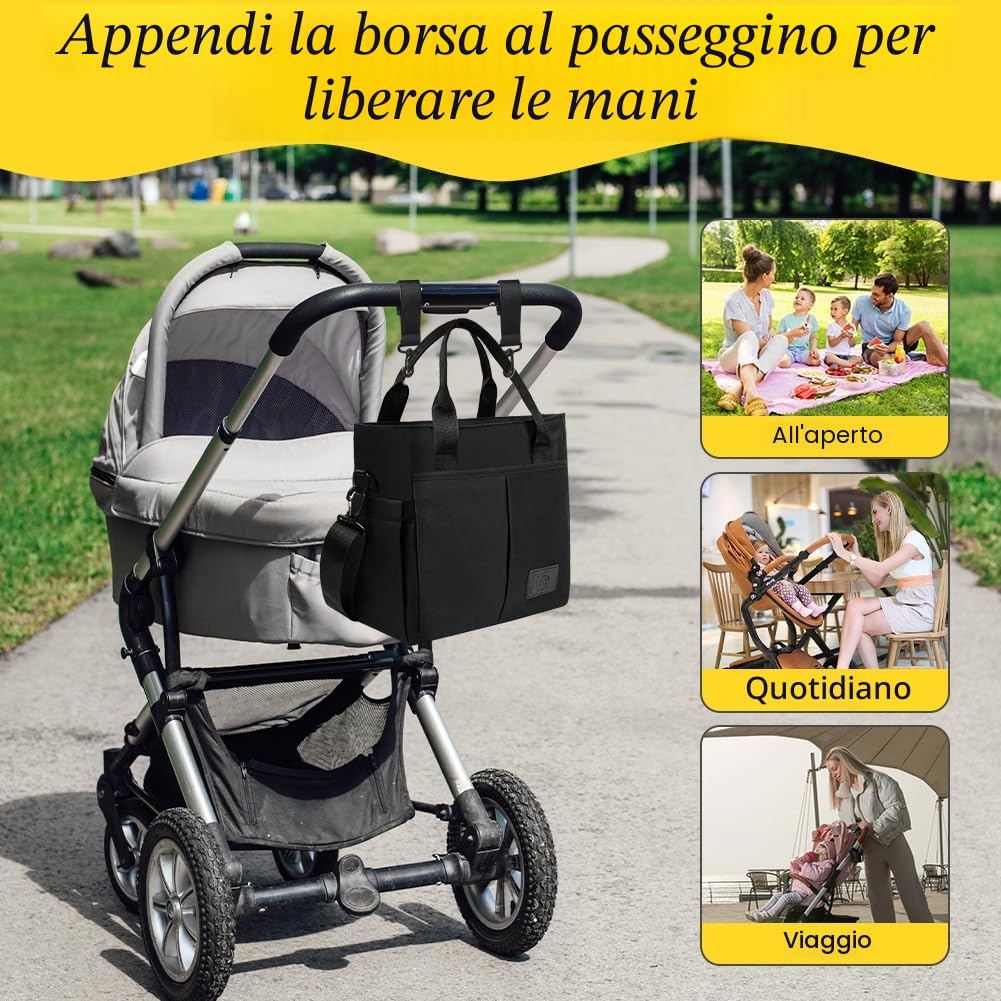 Aolso Borsa Fasciatoio per Neonato, Grande Capacità Impermeabile, Borsa Pannolini Viaggio Ganci Passeggino, Nero