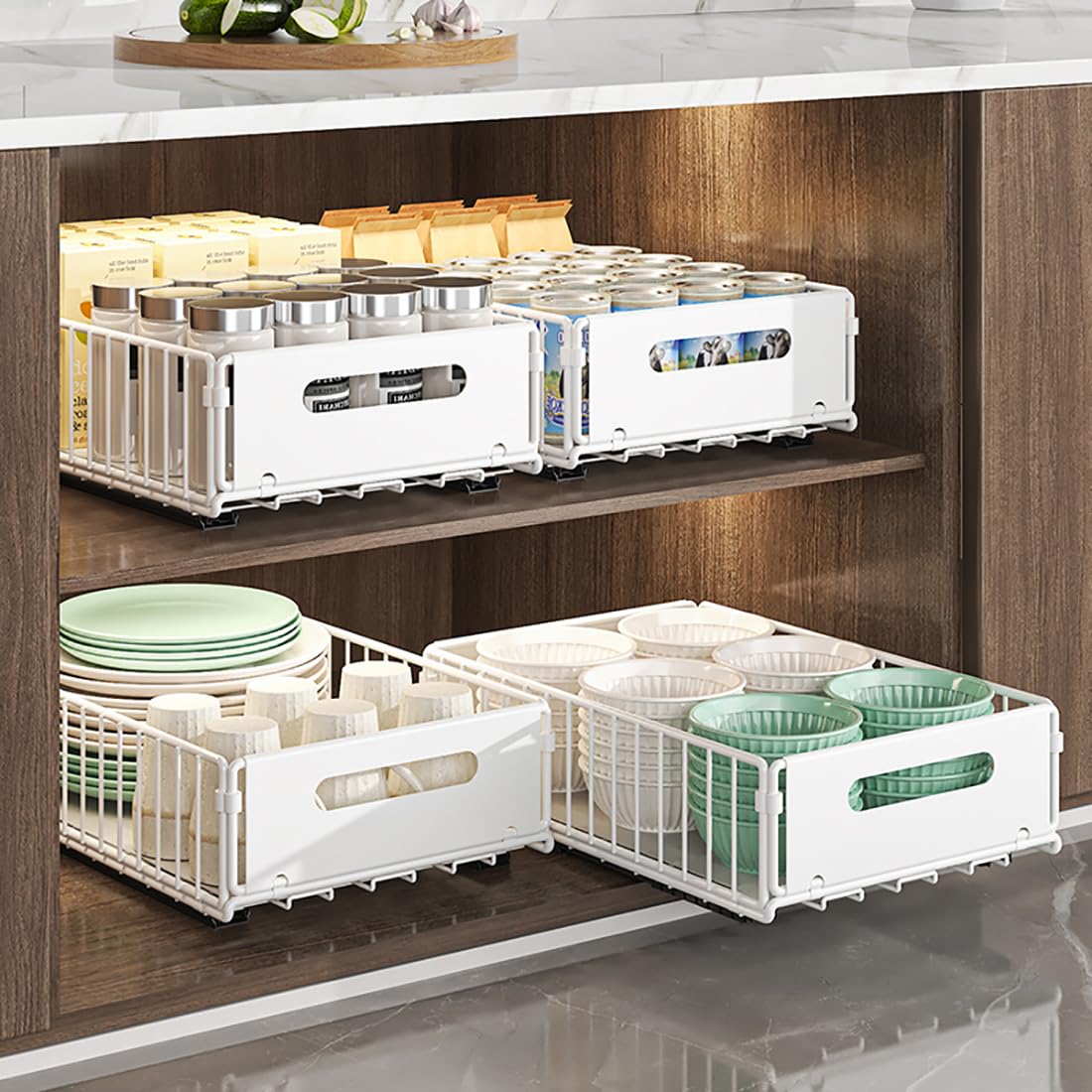 YunNasi Pull Out Cabinet Organizer Slide Out Drawer Storage Shelves Cupboard Organiser Sliding Cabinet Basket for Kitchen with Silent Slide No Drilling and Nailing (White - Image 2