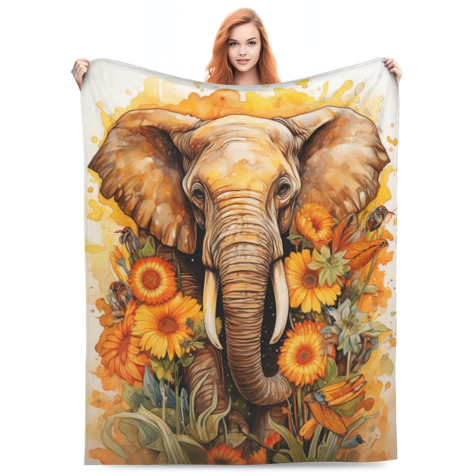 Turamurra Sunflower Elephant Blanket, Colorful Gifts for Women, Unique Sunflower Adult Gift Ideas, Sherpa Fleece Flannel Throw for Couch 50"x40" — image 1