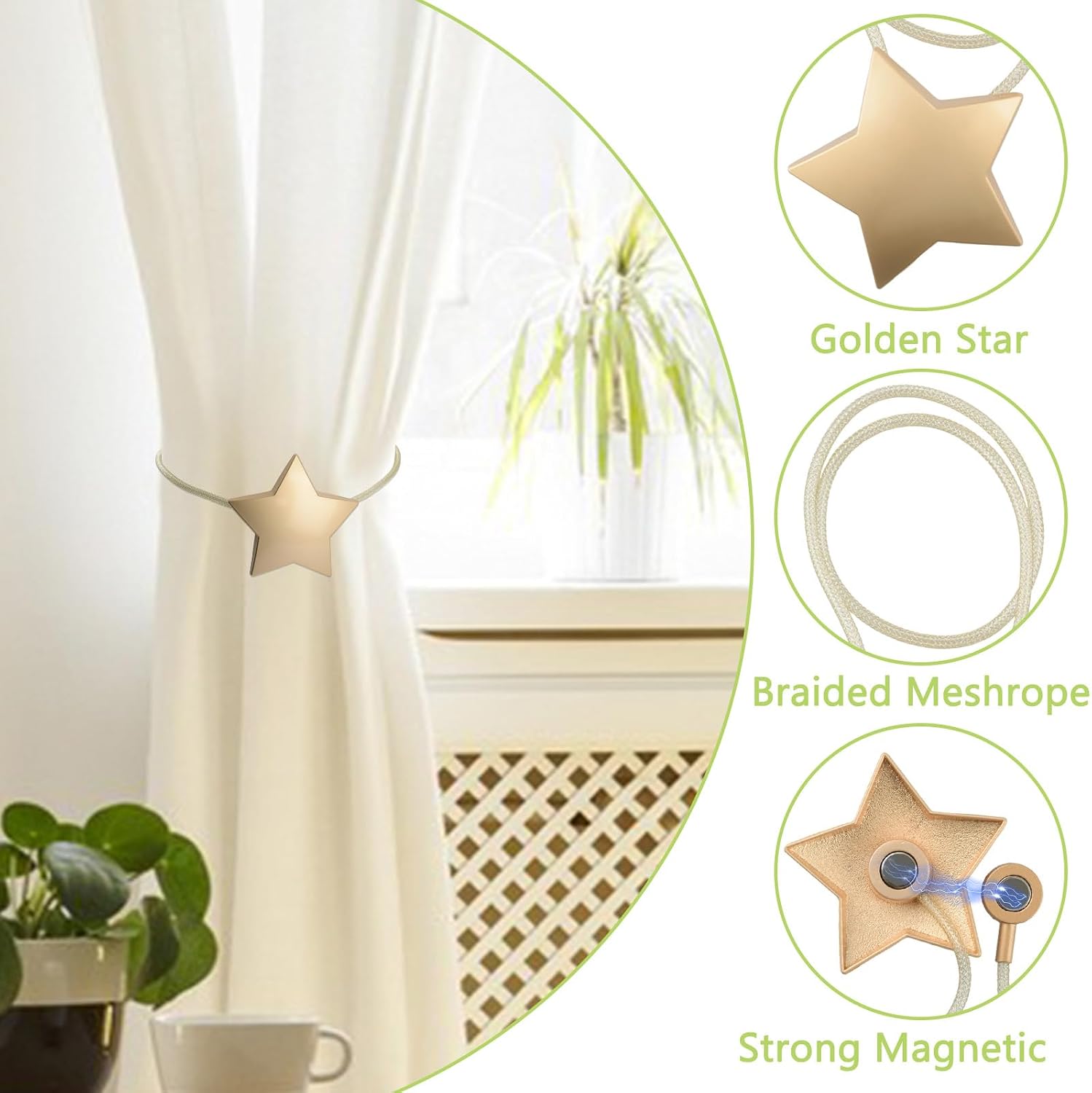 Curtains Fixing Accessories with 2Pcs Magnetic Curtain Tiebacks & 4Pcs Magnetic Curtain Closures for Home Office Draperies(Gold Star)