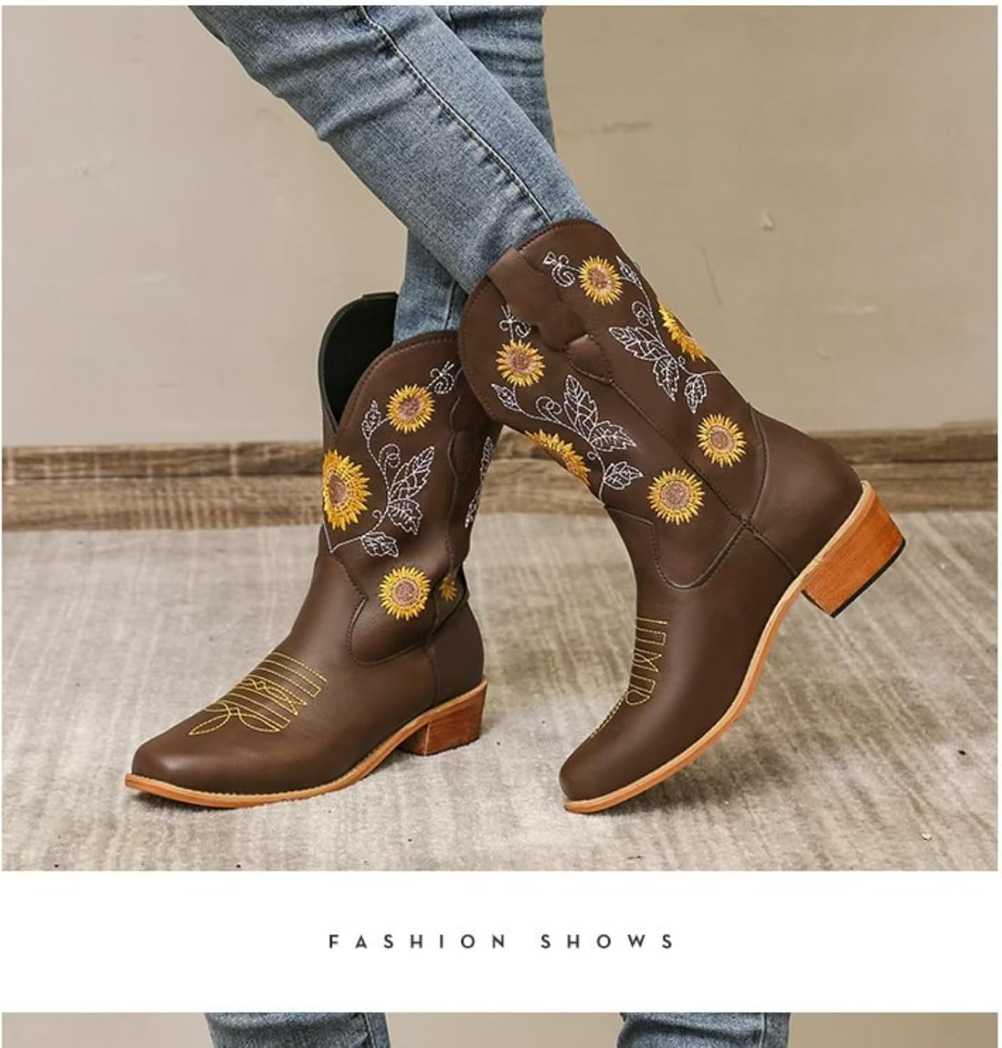 Womens Sunflower Embroidered Low Chunky Heel Mid Calf Boots Fashion Square Toe Pull On Cowboy Cowgirl Boots Winter Walking Western Boots
