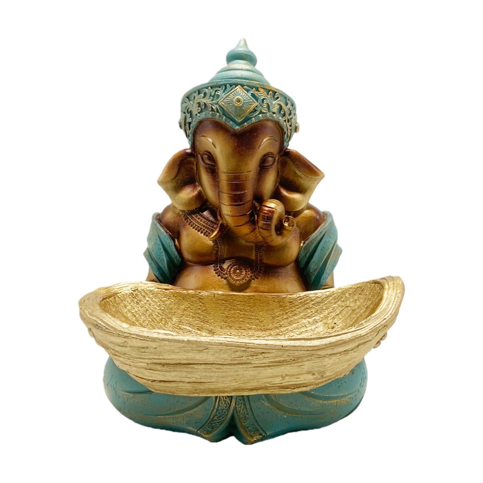 Figurka Ganesha z żywicy z świecznikiem, 32 cm, figurka religijna - ręcznie malowana indyjska dekoracja jako dekoracja stołu i medytacji, figurka boga słonia