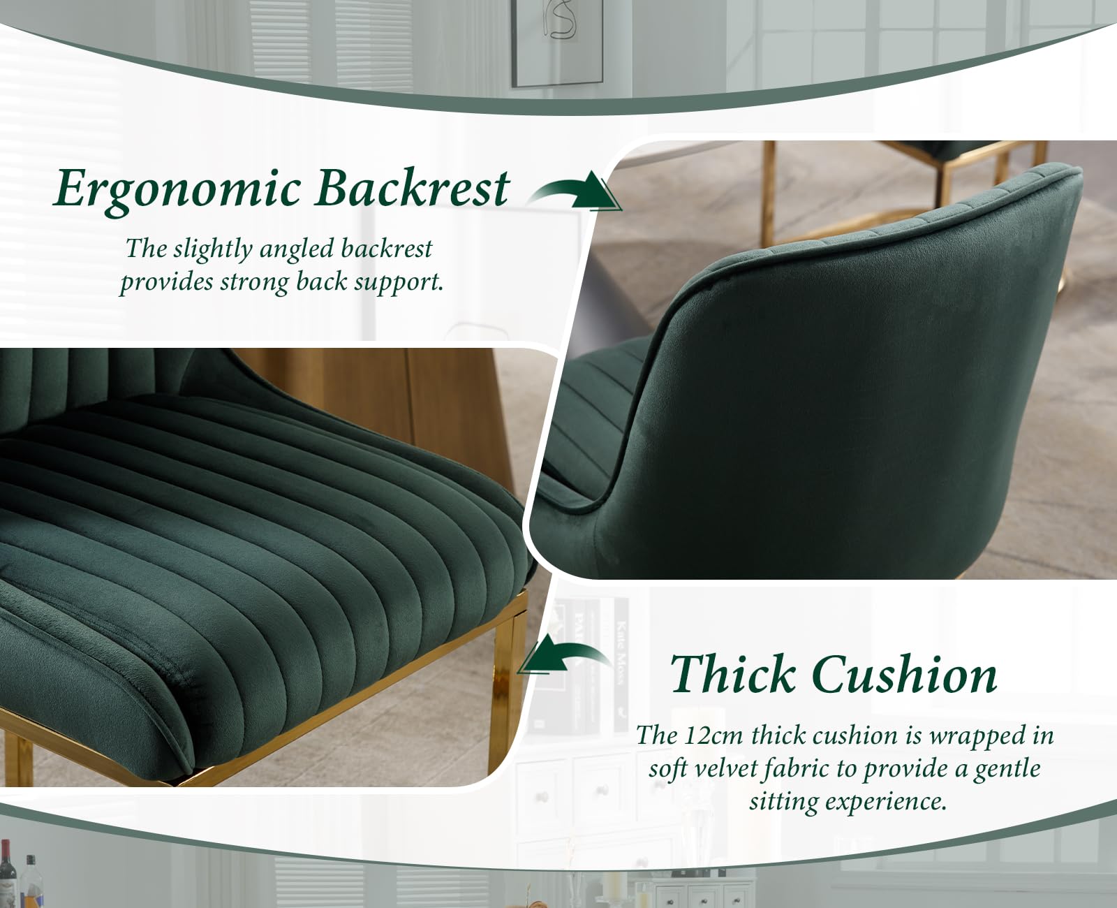 chairus 2 PZ Sedie da Pranzo in Velluto con Gambe in Metallo, Verde | Sedia Imbottita con Schienale Sedie da Cucina con Gambe in Metallo Dorato Sedia Moderna Design per Sala da Pranzo/Soggiorno