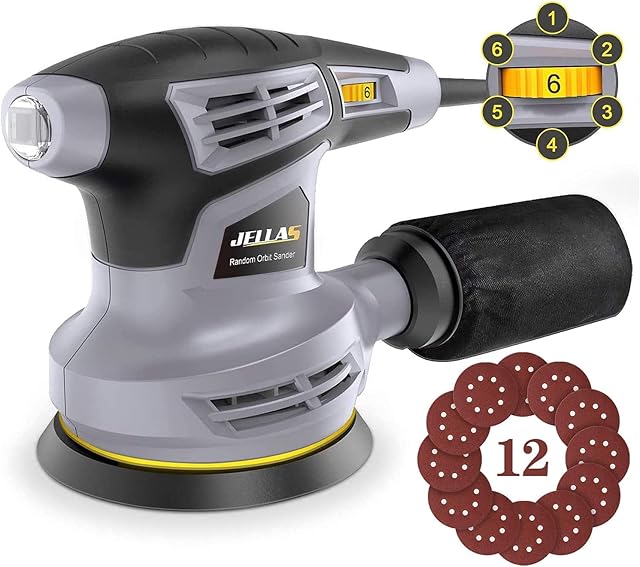 Jellas Orbital Sander, 125MM Sander Machine with 13000RPM 6 Variable Speed, Dust Collection Bag, 360°Rotating Sanding Base Plate, 3 Meter Power Cord Random Orbit Sander, OS02