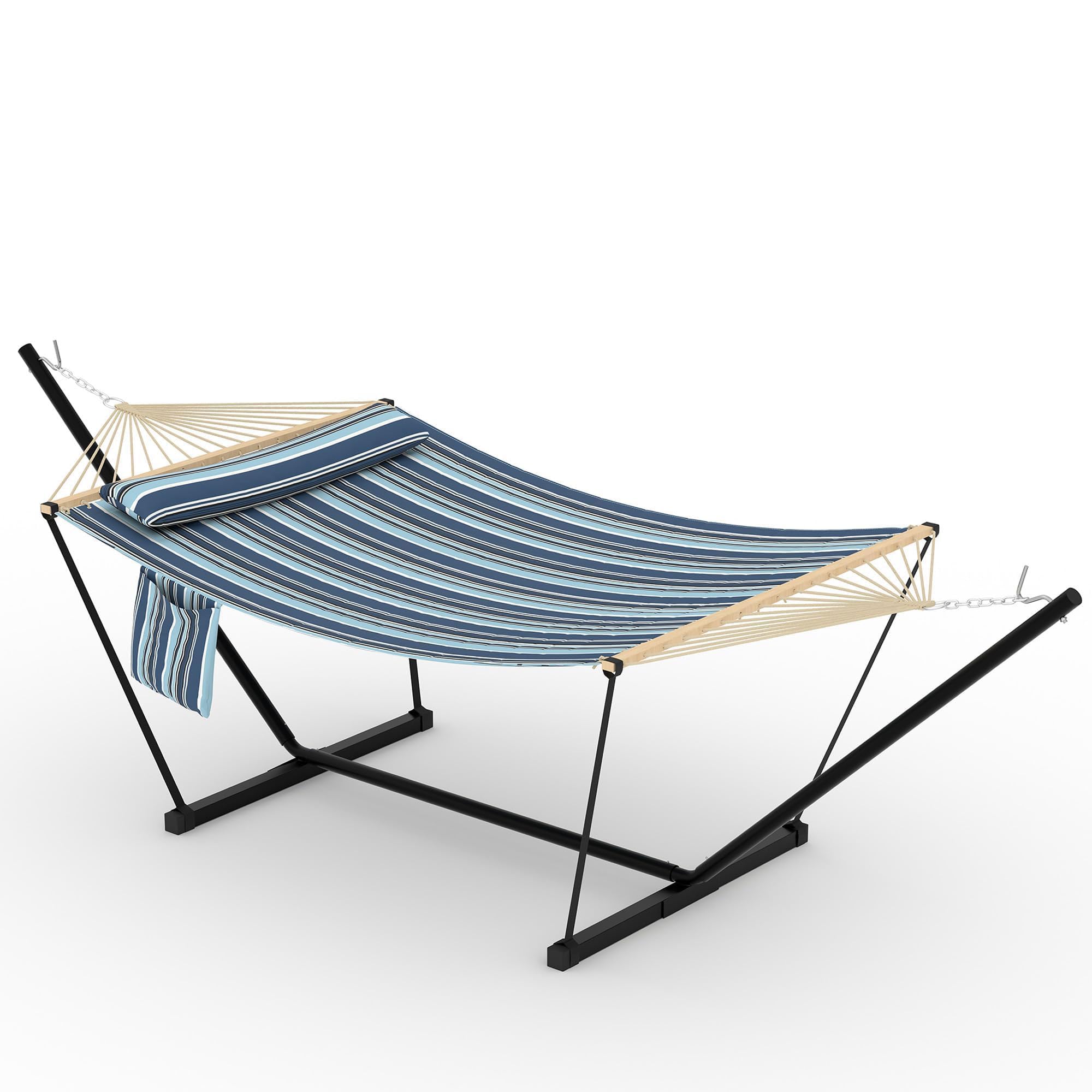 Hamac sur Pied 2 Places avec Oreiller et Support Acier, Charge Max de 200 Kg, Bleu Foncé Rayé