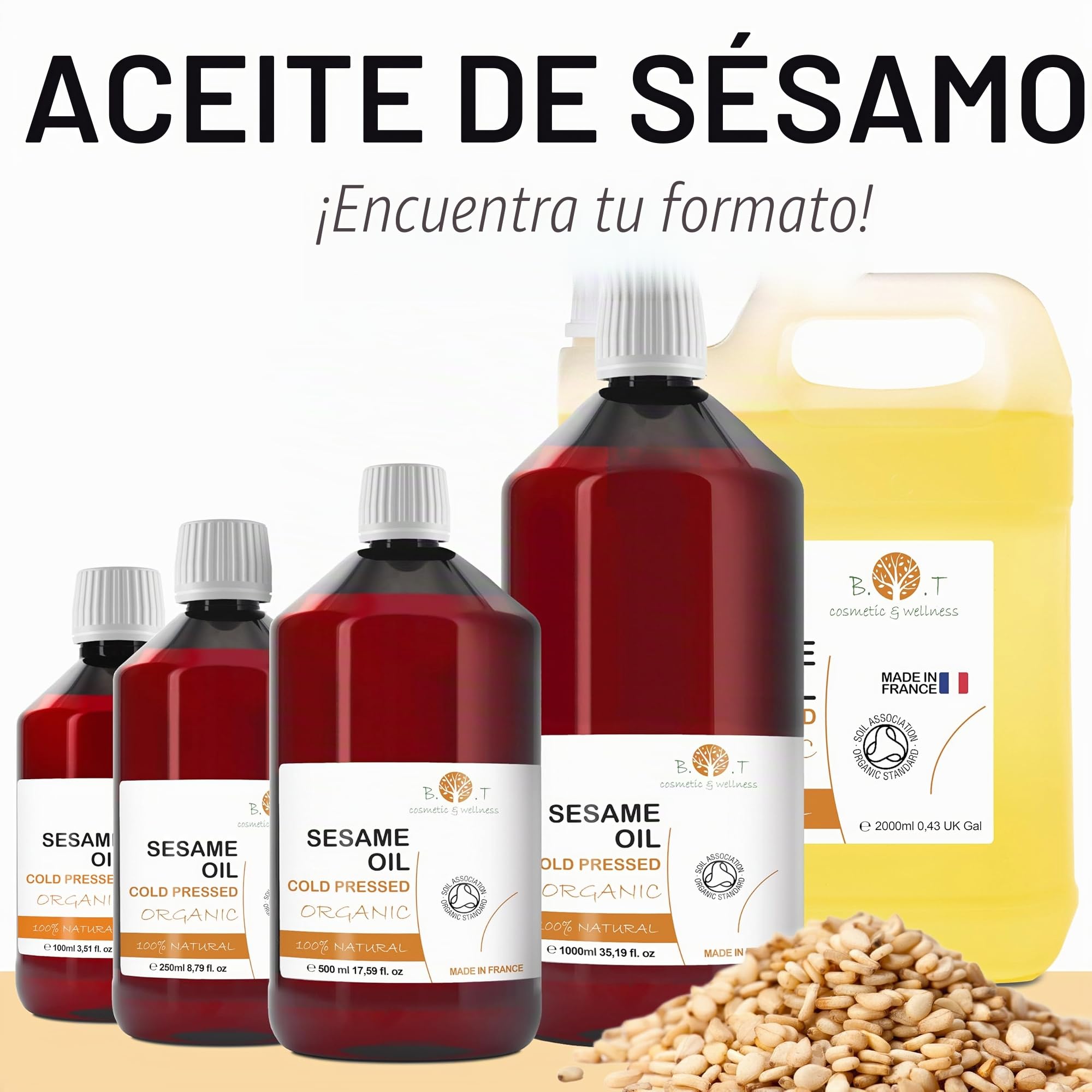 Aceite de Sésamo BIO 100% Puro. Presion en Frio de Semillas de Sesamo con Certificado Ecologico. Uso en Cosmetica Natural & Masaje Ayurveda 10000 ml 10 L
