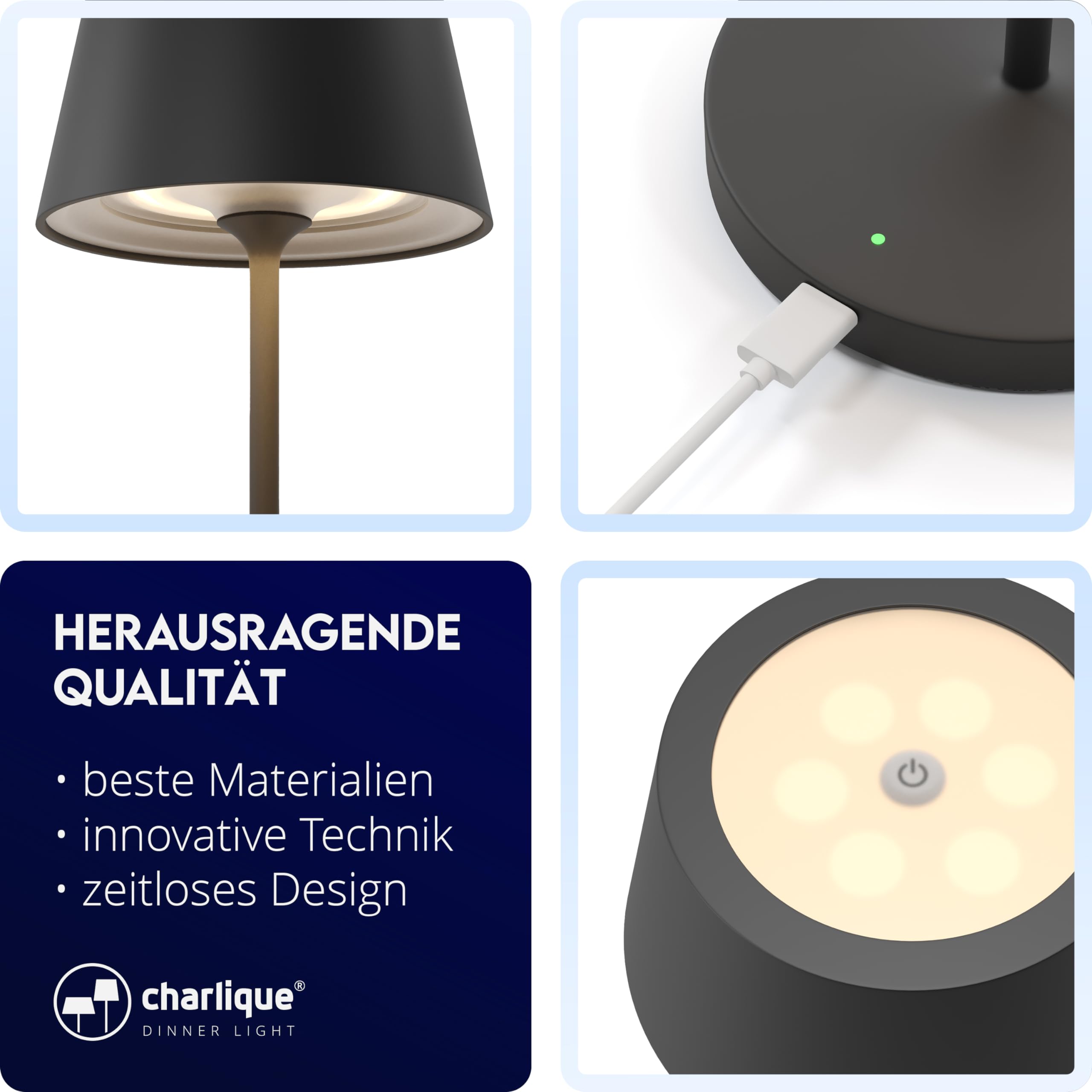 LED Akku Tischlampe - kabellos, schwarz 24 cm, dimmbar, Aluminium