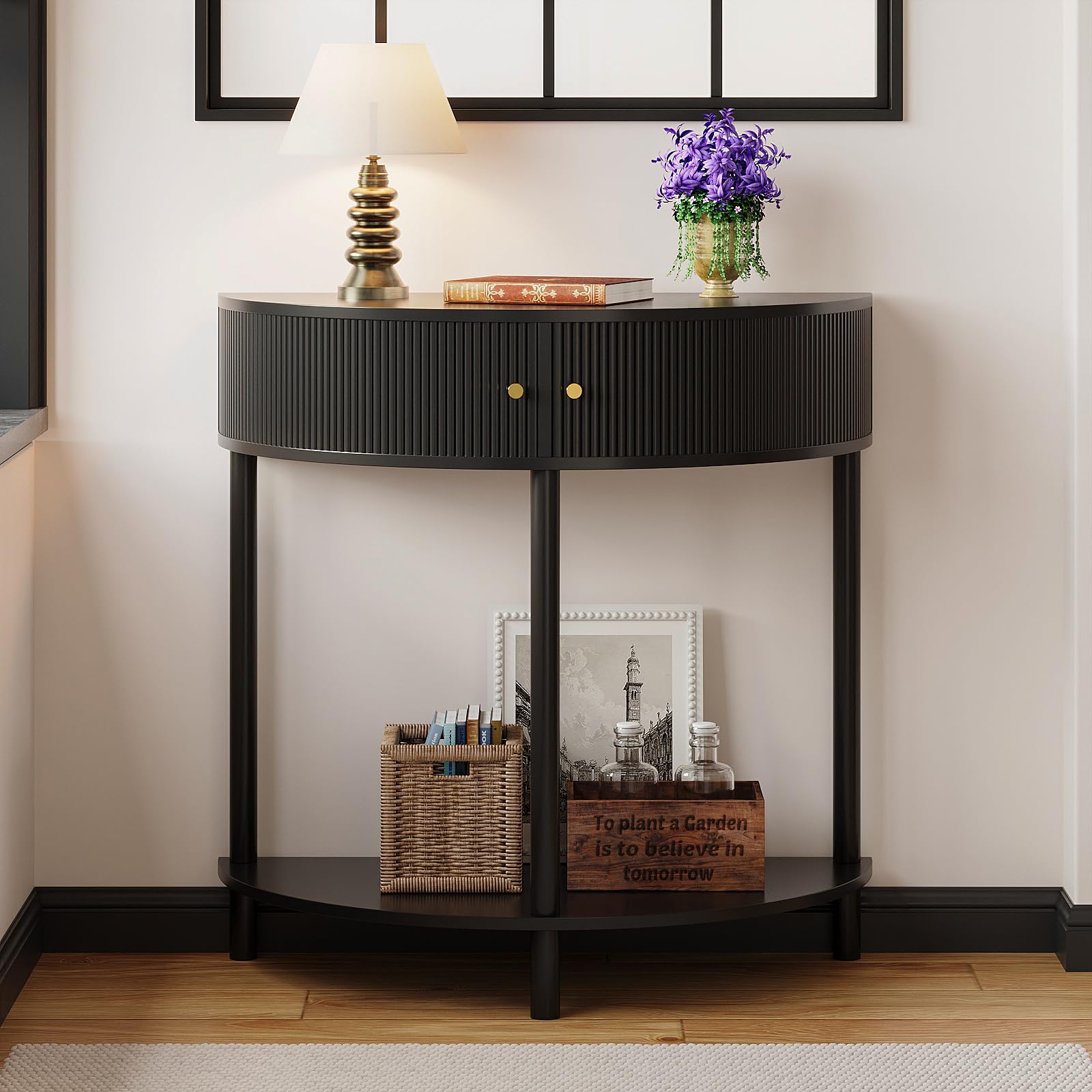 Trironsun Mesa de consola de media luna con espacio de almacenamiento, mesa de pasillo estrecha con 2 cajones, asas y estantes dorados, mesa auxiliar de madera boho para sala de estar, dormitorio o