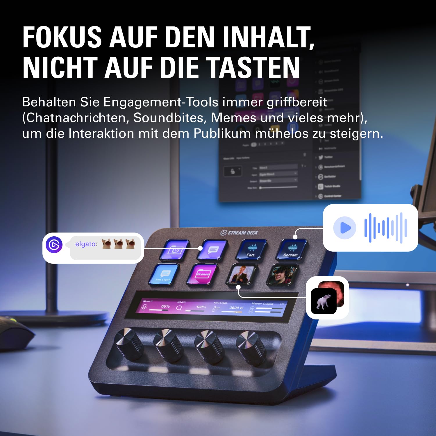 Elgato Stream Deck +, Audiomixer, Live-Produktion und Studio-Controller für Content Creators, Streaming, Gaming, mit anpassbarer Touch-Leiste, Drehreglern und LCD-Tasten, für Mac und PC