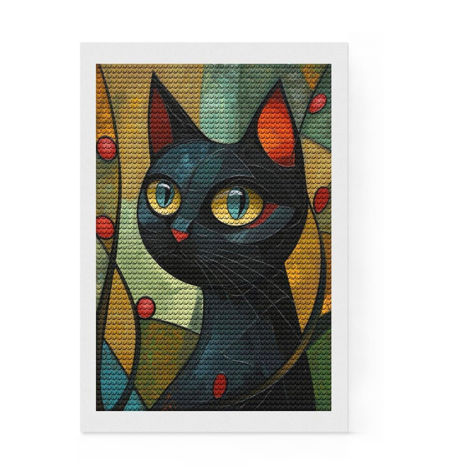 Junmoney Cat in Cubist Colors Diamond Art Kit 8"x12", for Women, for Adults, Full Kit Included, Thoughtful Present, Festive Craft Gift