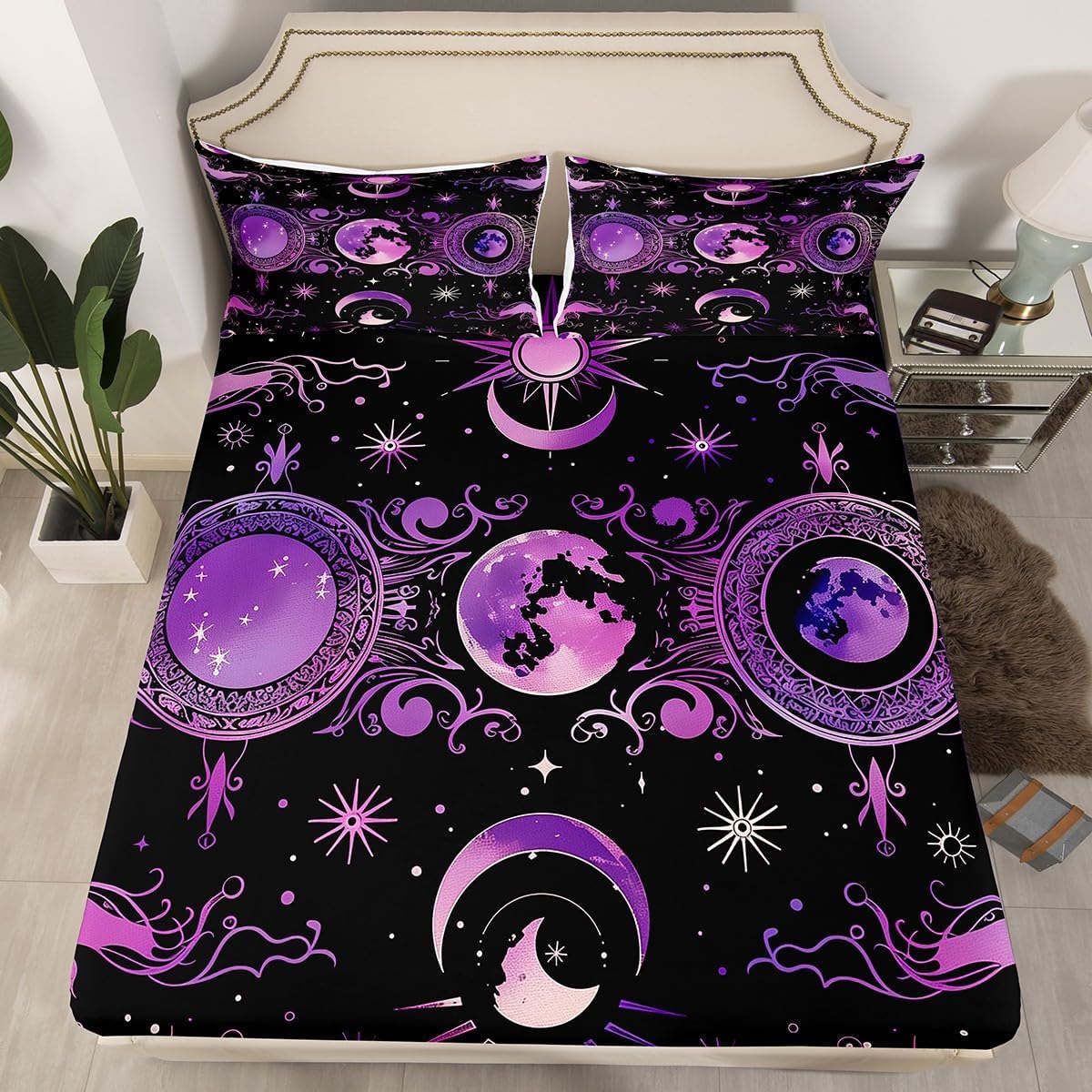 jejeloiu Halloween Decor Bed Sheets Set Queen Size Sun and Moon Deep Pocket Fitted Sheet Purple Eclipse of The Sun Bedding Sets Funny Astronomy Soft Bed Set 4Pcs with 2 Pillow Cases