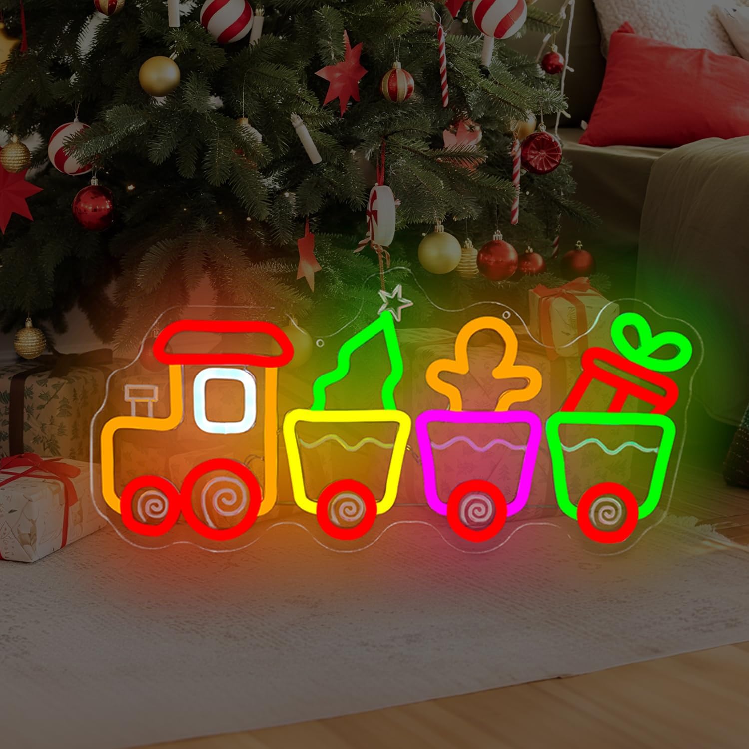 Christmas Train Neon Sign Gingerbread Train Led Sign Neon Christmas Lights Dimmable Light Up Sign Holiday Led Wall Decor for Home Cute Xmas Gift for Kids - Image 3
